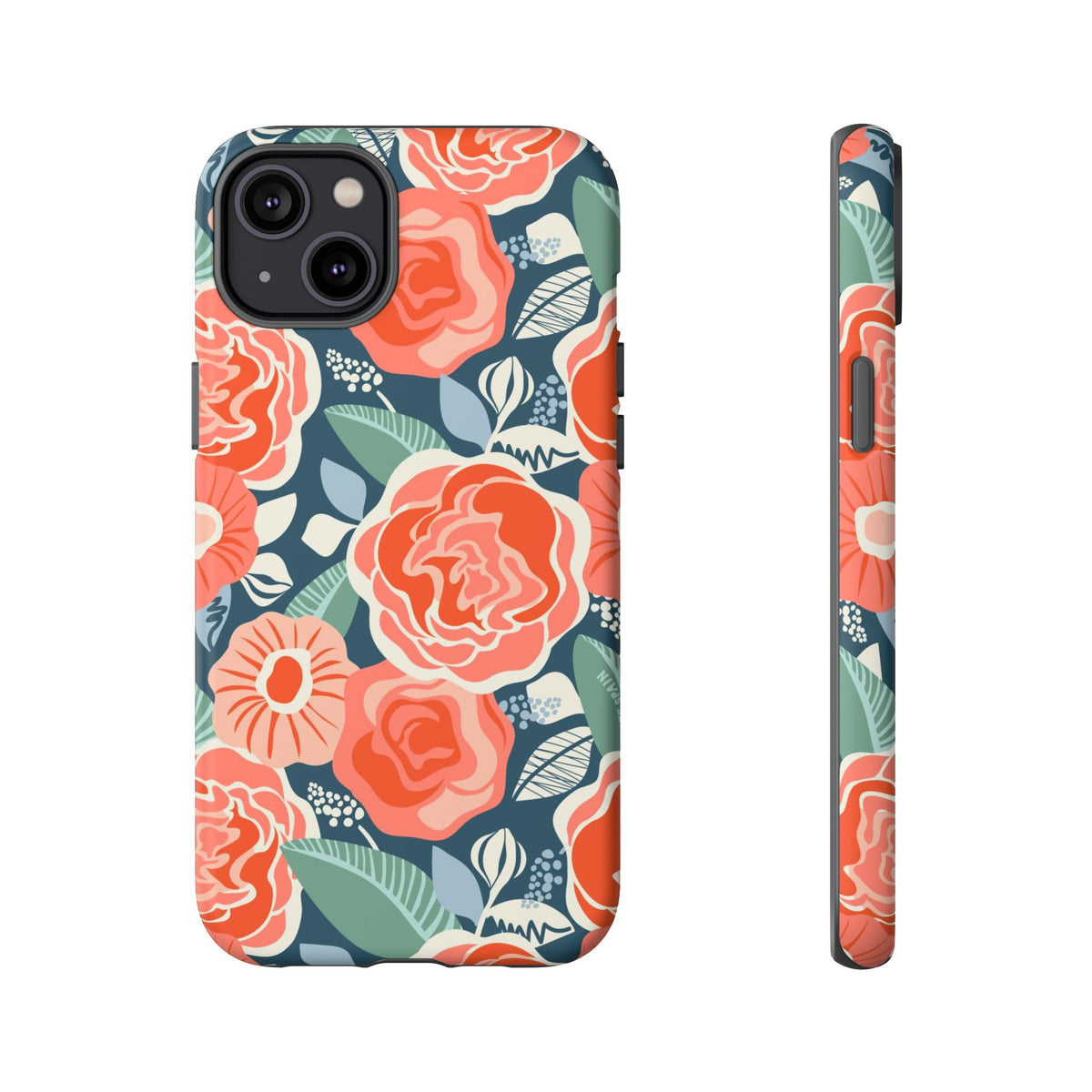 Tea Rose Navy Tough iPhone 14 Plus Case – Matte | navy, coral, peach botanical rose floral print