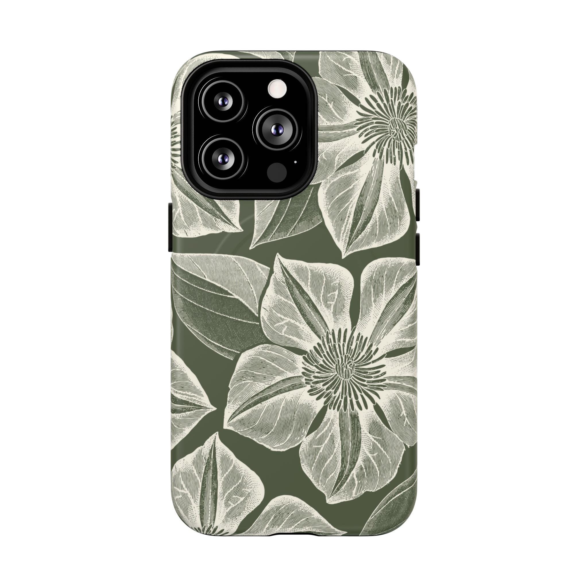 Vintage Bloom Cypress MagSafe iPhone 13 Pro – Matte | cypress green ground, large-scale white clematis print, engraved petal detail, dual-layer protection
