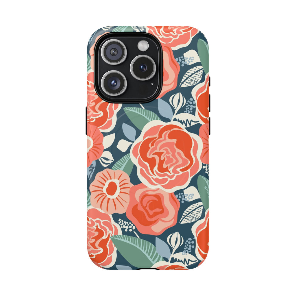 Luxury Tea Rose Navy MagSafe iPhone 15 Pro Case – Matte | navy, coral, peach botanical rose floral print