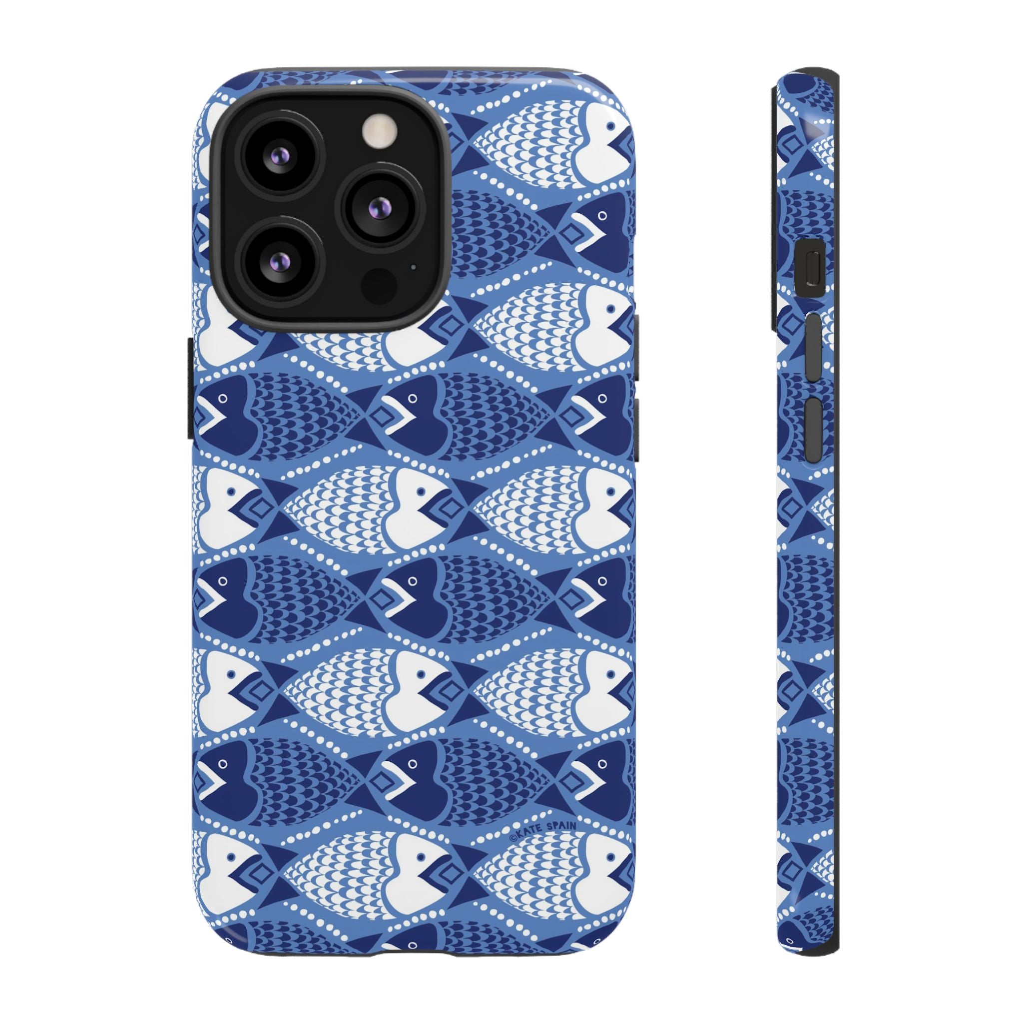Catch of the Day Tough iPhone 13 Pro Case – Glossy | navy, blue, white geometric fish print