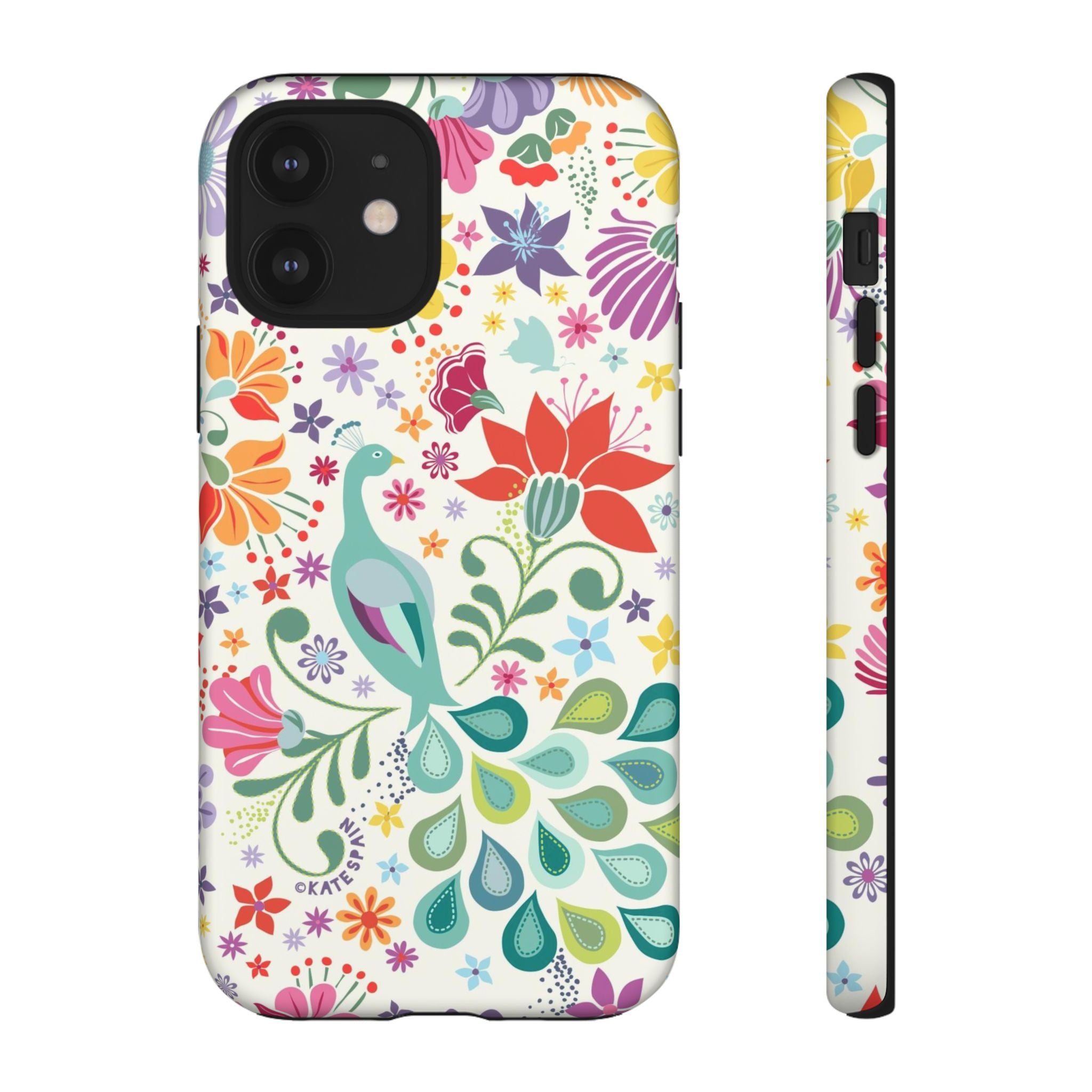 Peacock Sanctuary Tough iPhone 12 Case – Matte | white, teal, coral multicolor vibrant peacock feather botanical print