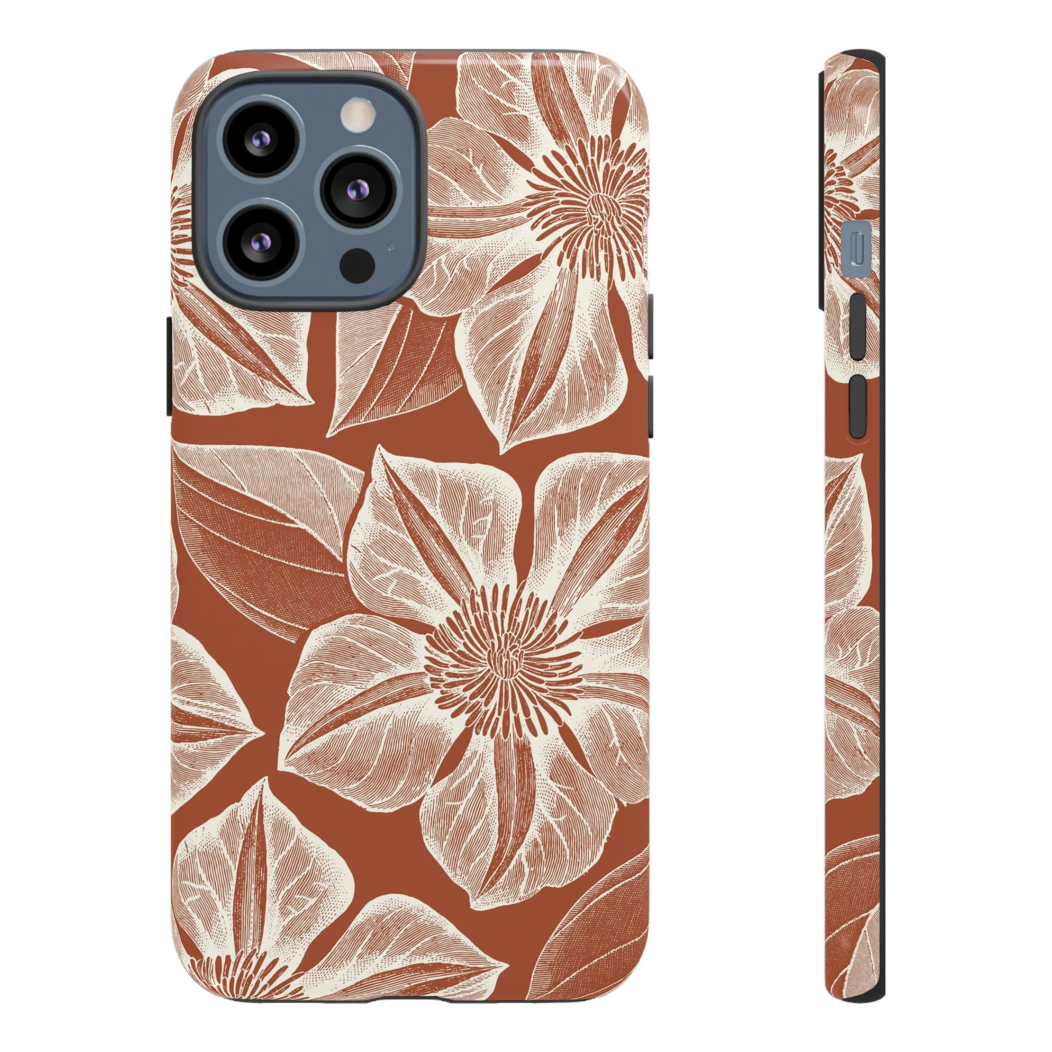 Vintage Bloom Sienna iPhone 13 Pro Max case – Glossy | sienna ground, large-scale cream clematis print, engraved petal detail, dual-layer protection