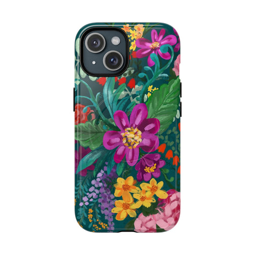 Posy MagSafe iPhone 15 Case – Glossy | teal, purple, magenta, yellow botanical wildflower print