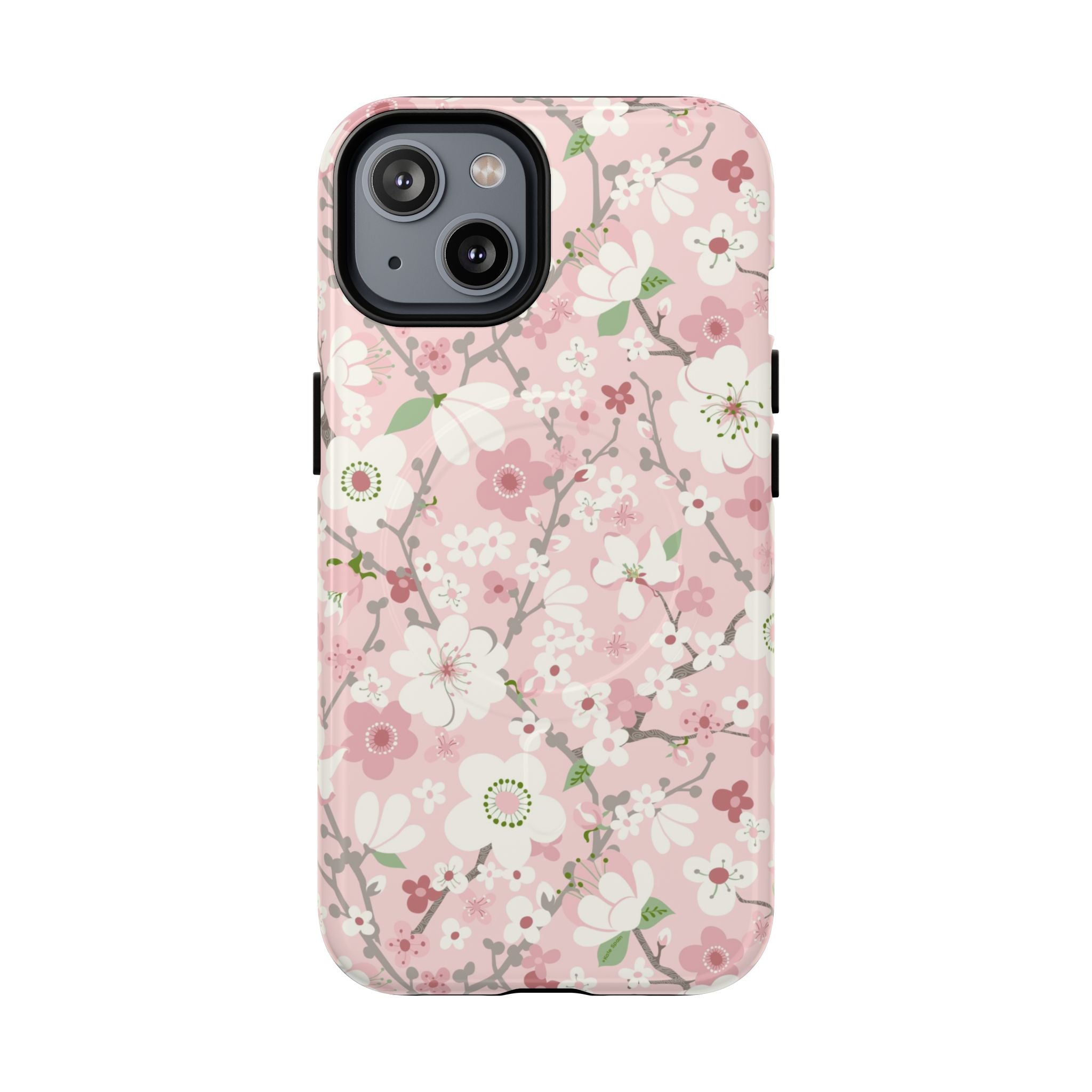Luxury Pink Cherry Blossom MagSafe iPhone 14 Case – Glossy | light pink, white, cherry blossom floral print