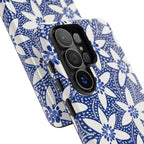Starflower Samsung Galaxy S26 Ultra Case – close-up of 5-lens camera cut out and buttons on side of case in navy and white geometric flower print