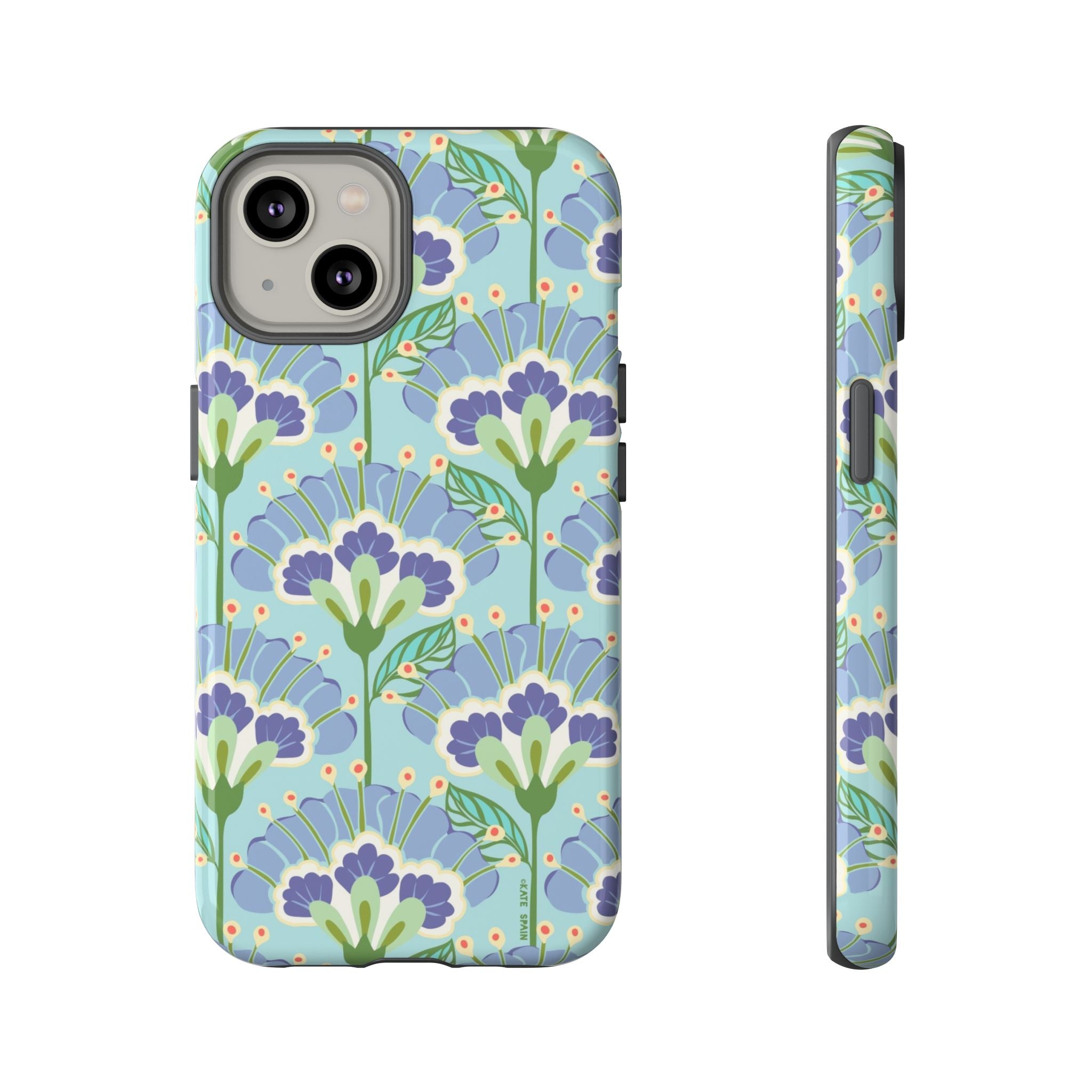 Lantern Flower Tough iPhone 14 Case – Glossy | aqua, periwinkle, green botanical lantern floral print