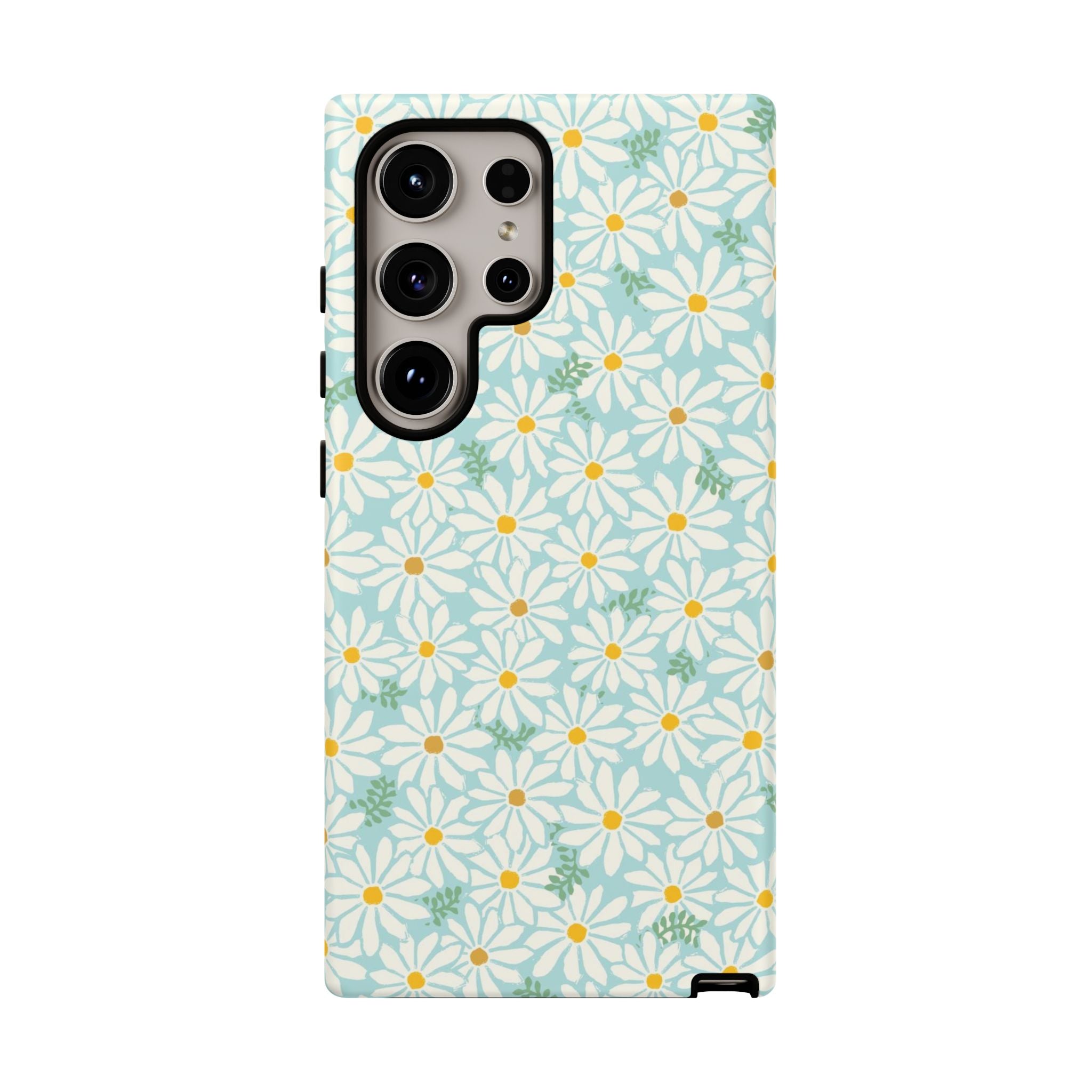 Daisies Samsung Galaxy S24 Ultra Case – Matte | sky blue, white daisy print, golden yellow centers, mint green leaves dual-layer protection