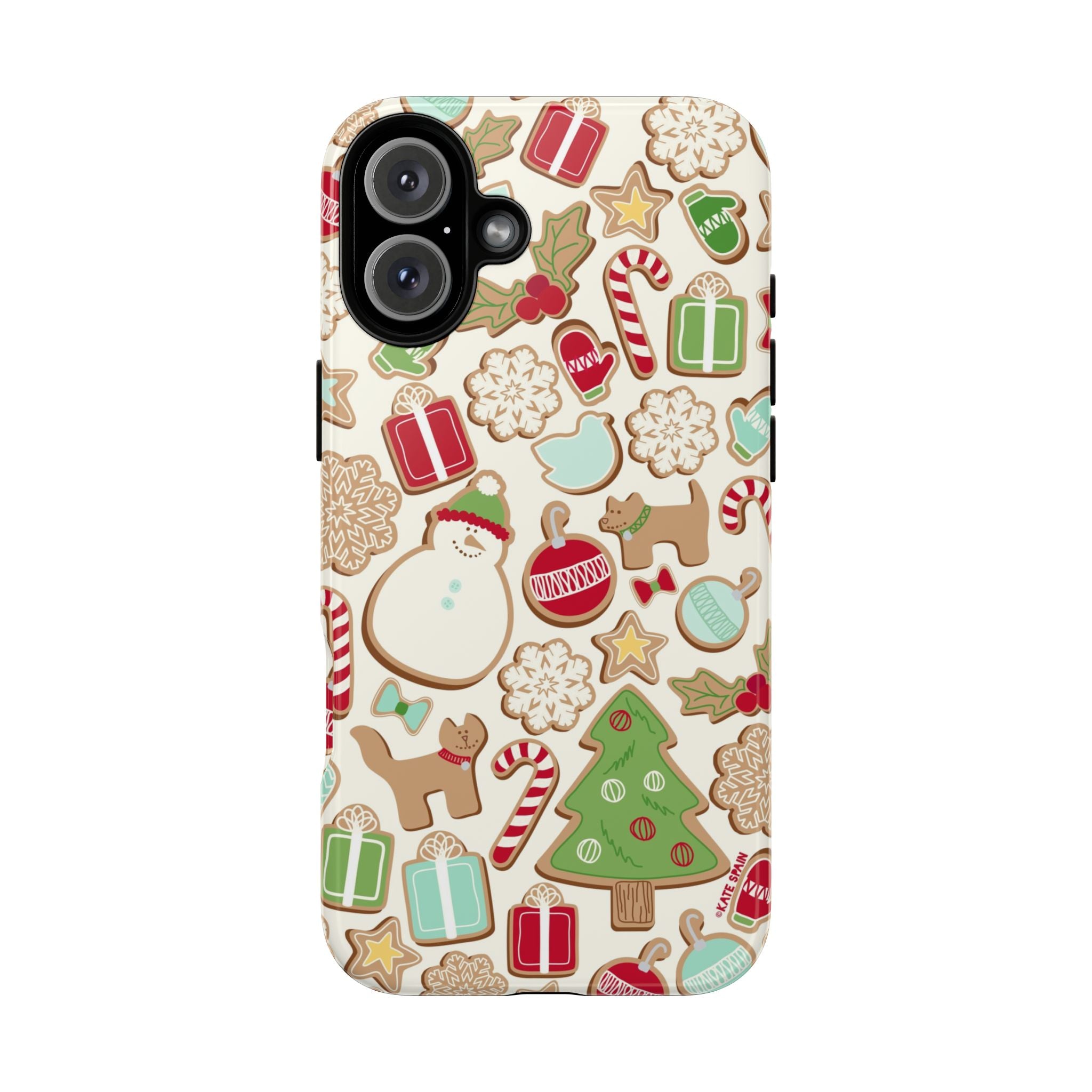 Gingerbread Cookies Tough iPhone 16 Case – Glossy | cream, red, green gingerbread holiday cookie print