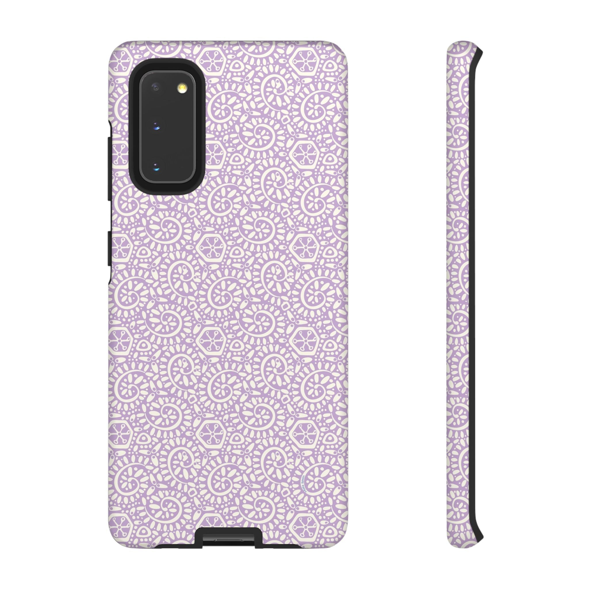 Canto Swirls Lavender Samsung Galaxy S20 Matte Case — lavender hard case covered in an intricate folk-art medallion pattern of radiating circular motifs, dot clusters, and geometric centers