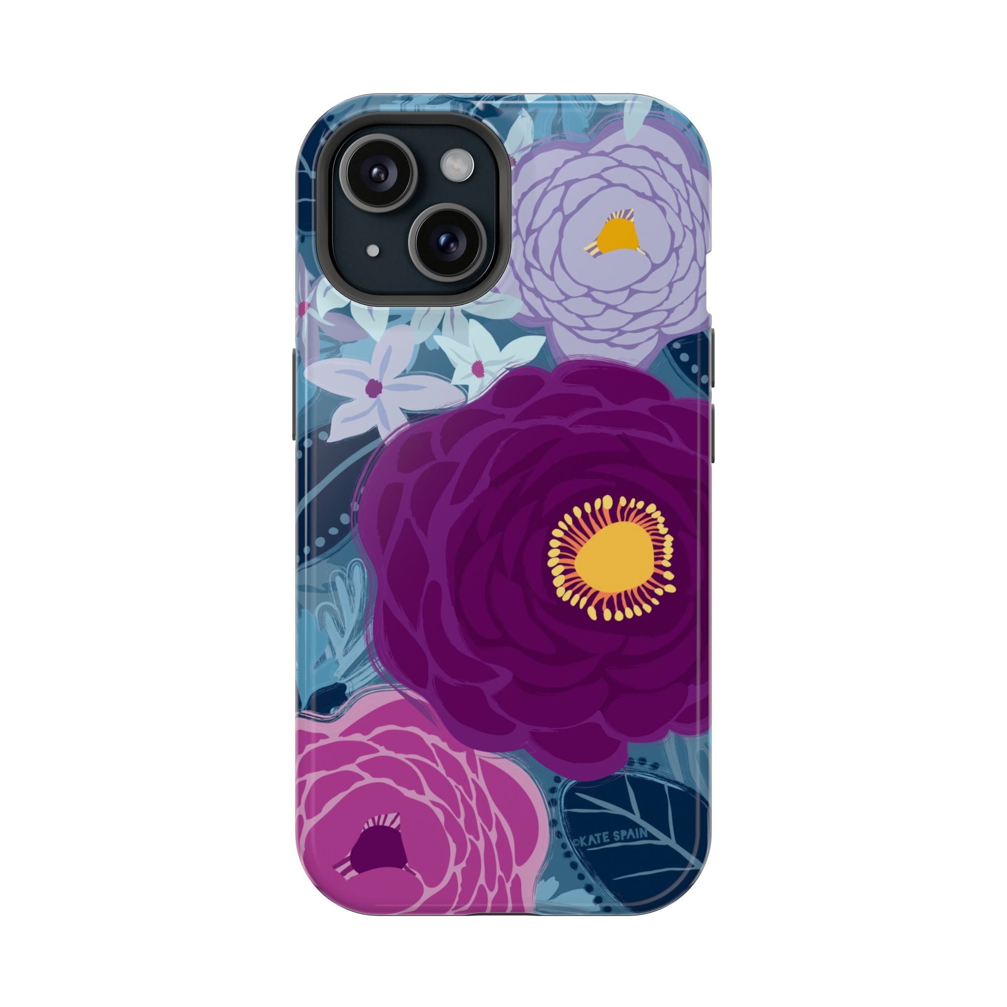 Bloomerie MagSafe iPhone 15 Case – Glossy | navy, purple, magenta botanical peony floral print