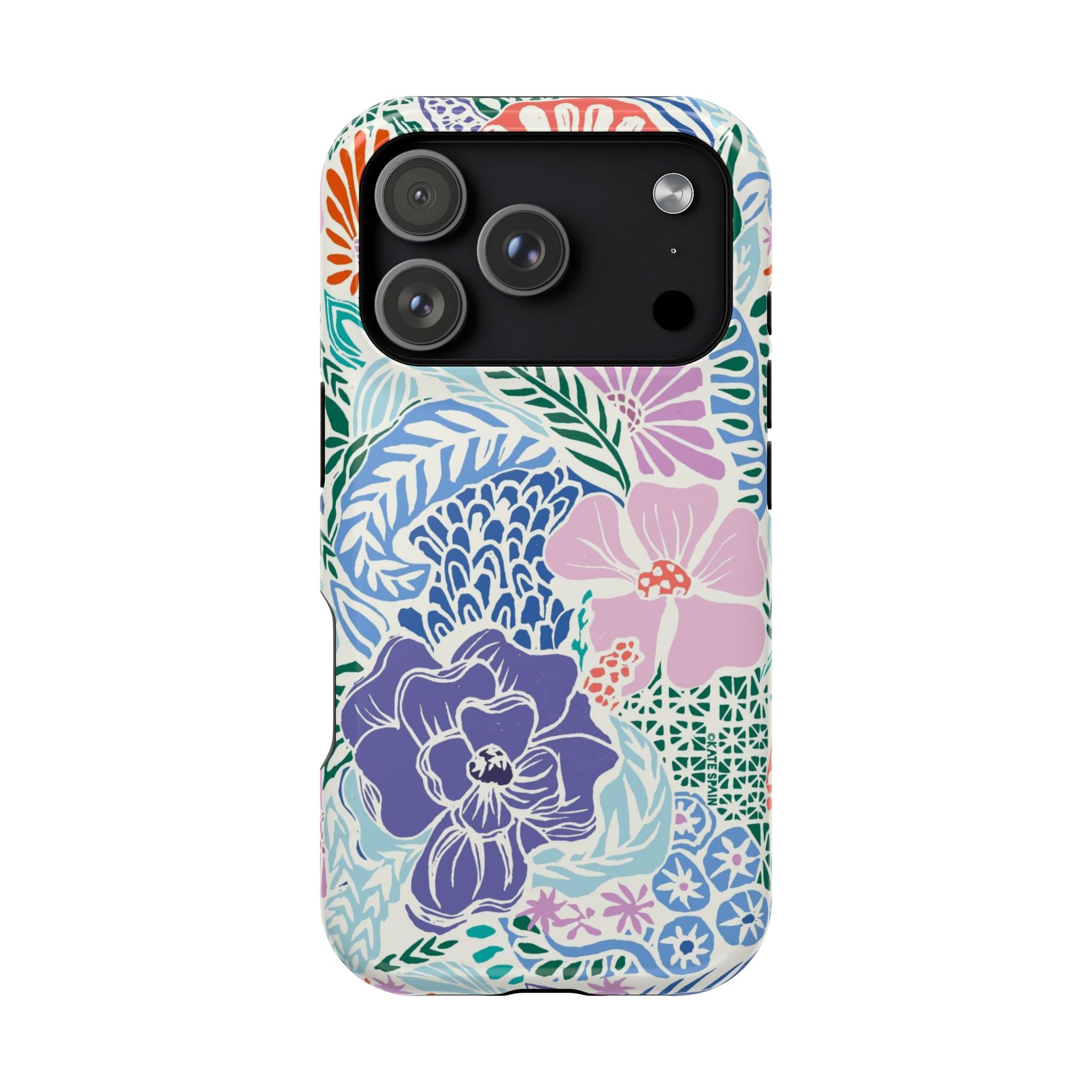 Tropica MagSafe iPhone 17 Pro Case – Glossy | purple, coral, pink, blue botanical tropical floral print MagSafe compatible, dual-layer protection