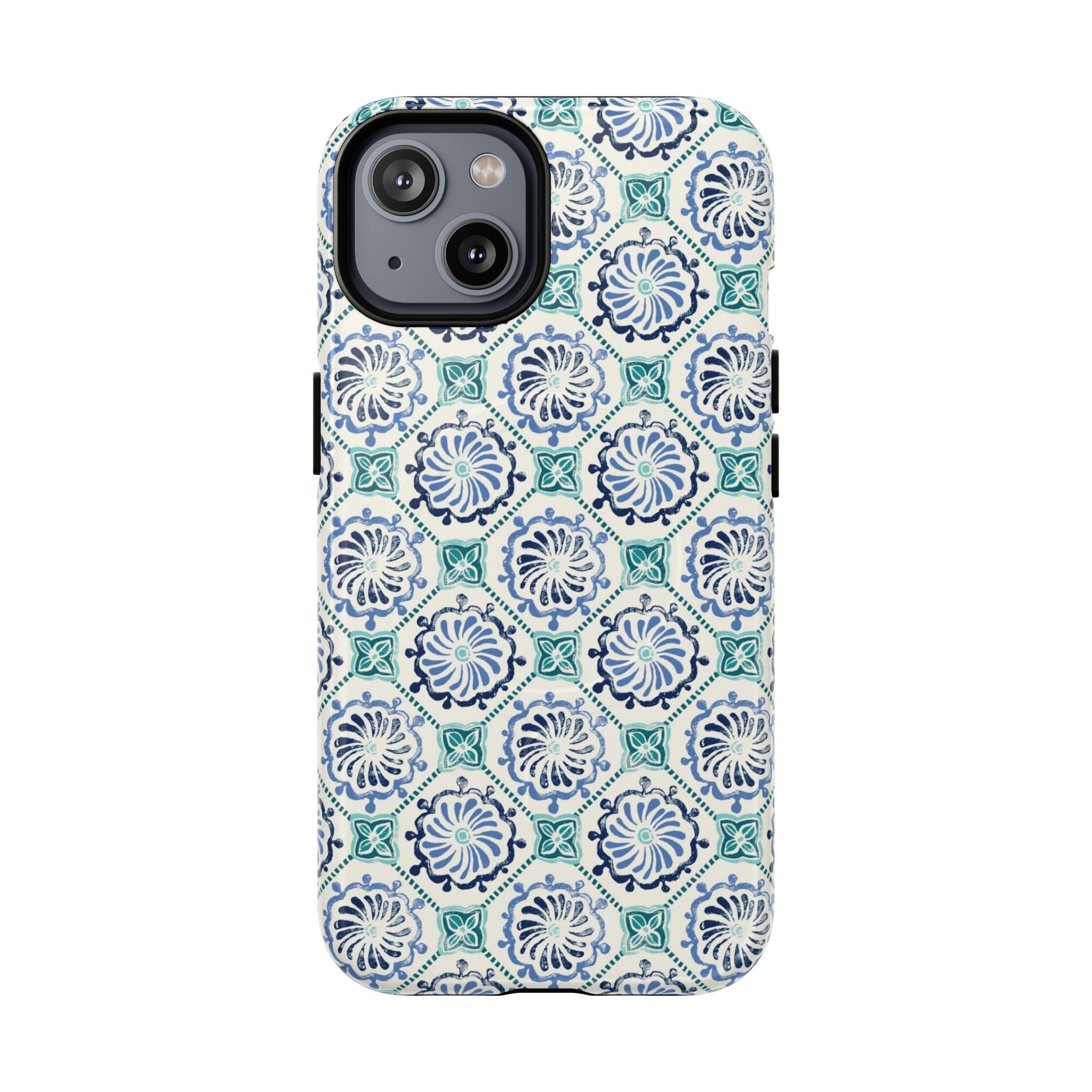 Horizon Blue Tile MagSafe iPhone 14 Case – Glossy | blue, turquoise, cream white MagSafe compatible, dual-layer protection