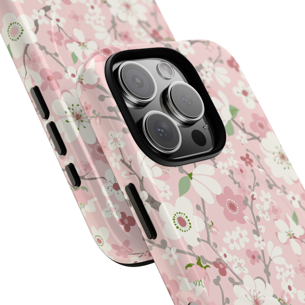 Pink Cherry Blossom MagSafe iPhone 16 Pro Max Case – close up view of camera cut off showing 3 lenses in case | soft pink, white, sage cherry blossom floral print
