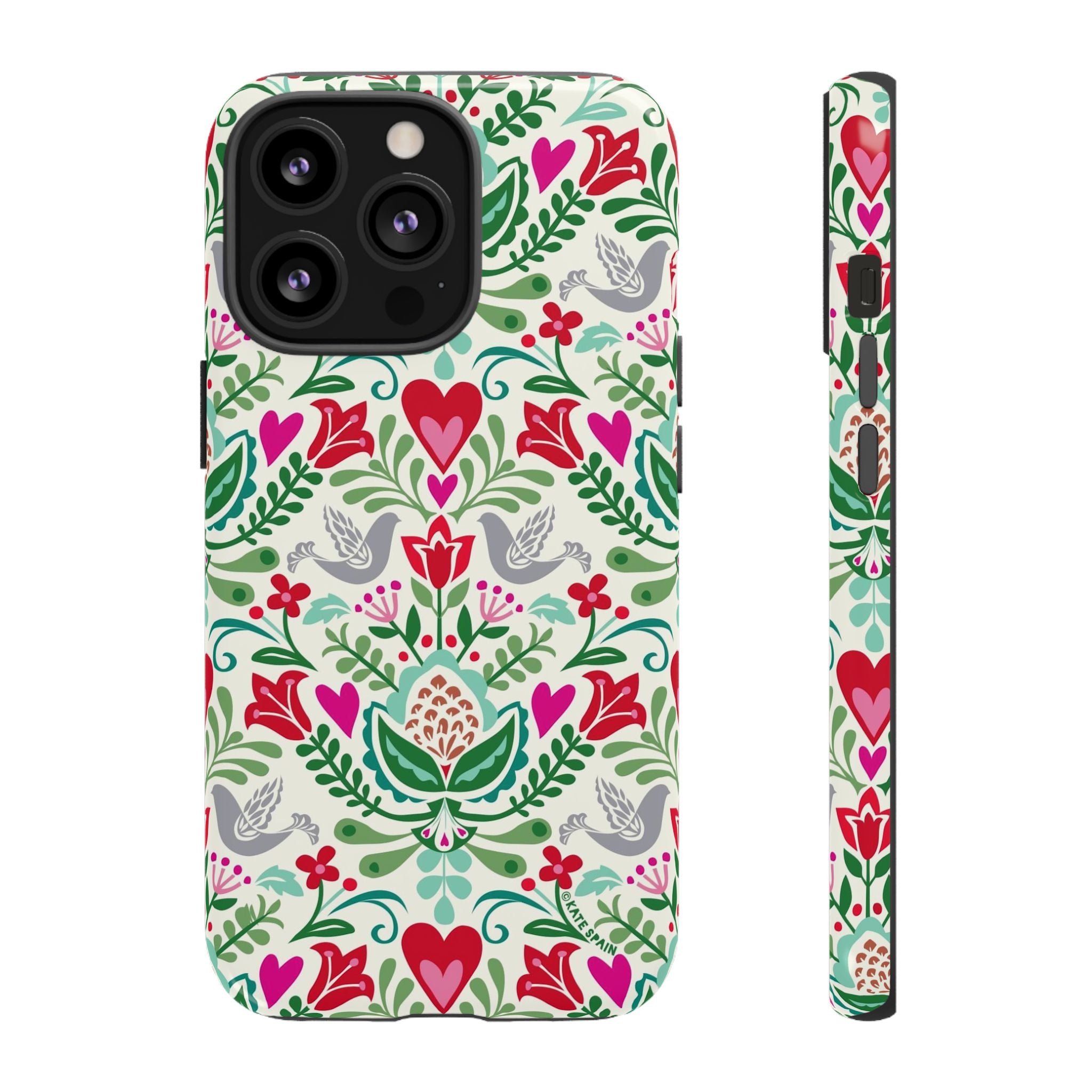 Rosemaling Tough iPhone 13 Pro Case – Glossy | cream, red, pink, green, gray folk art floral bird print