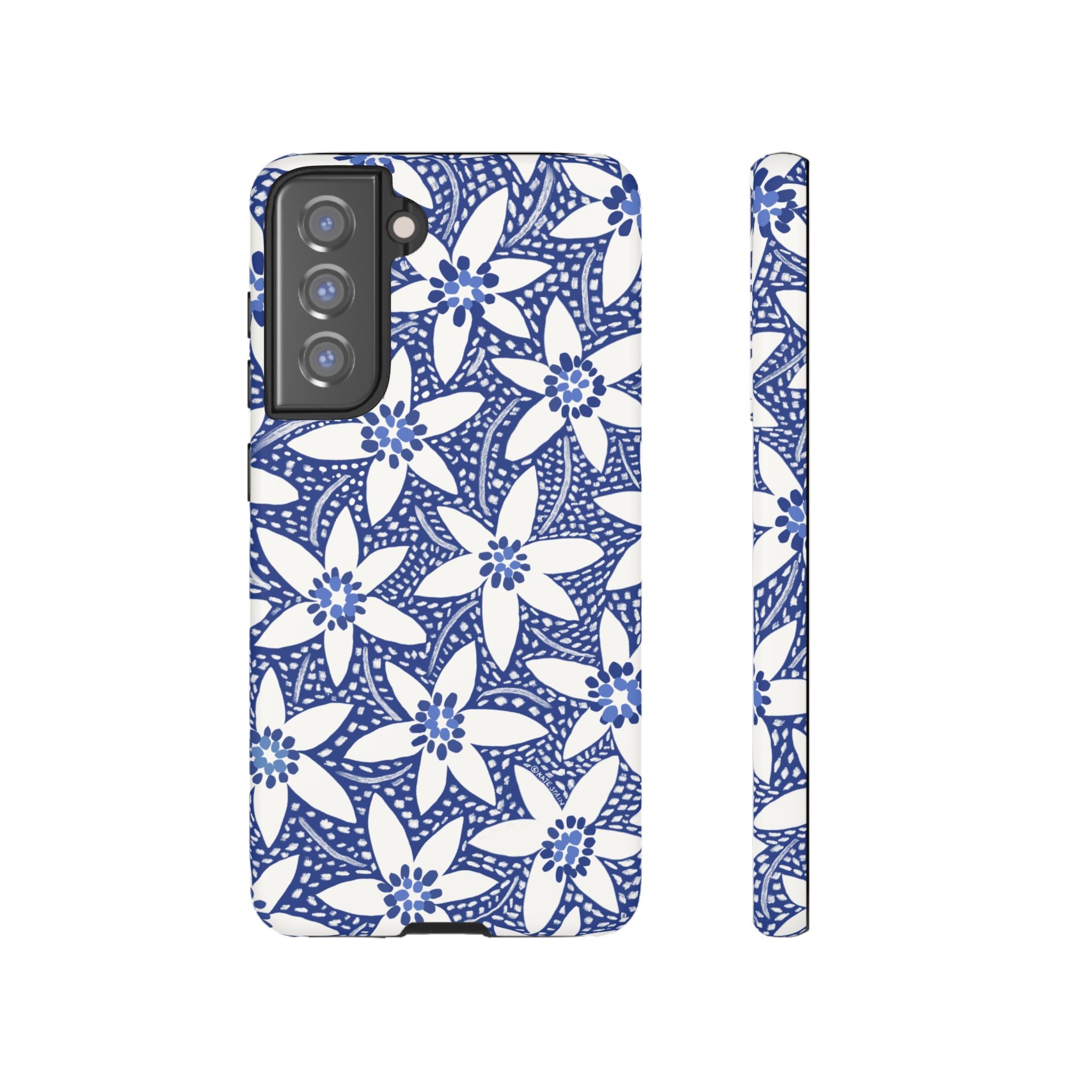Starflower Samsung Galaxy S21 FE Case – Matte | navy, white geometric starflower print