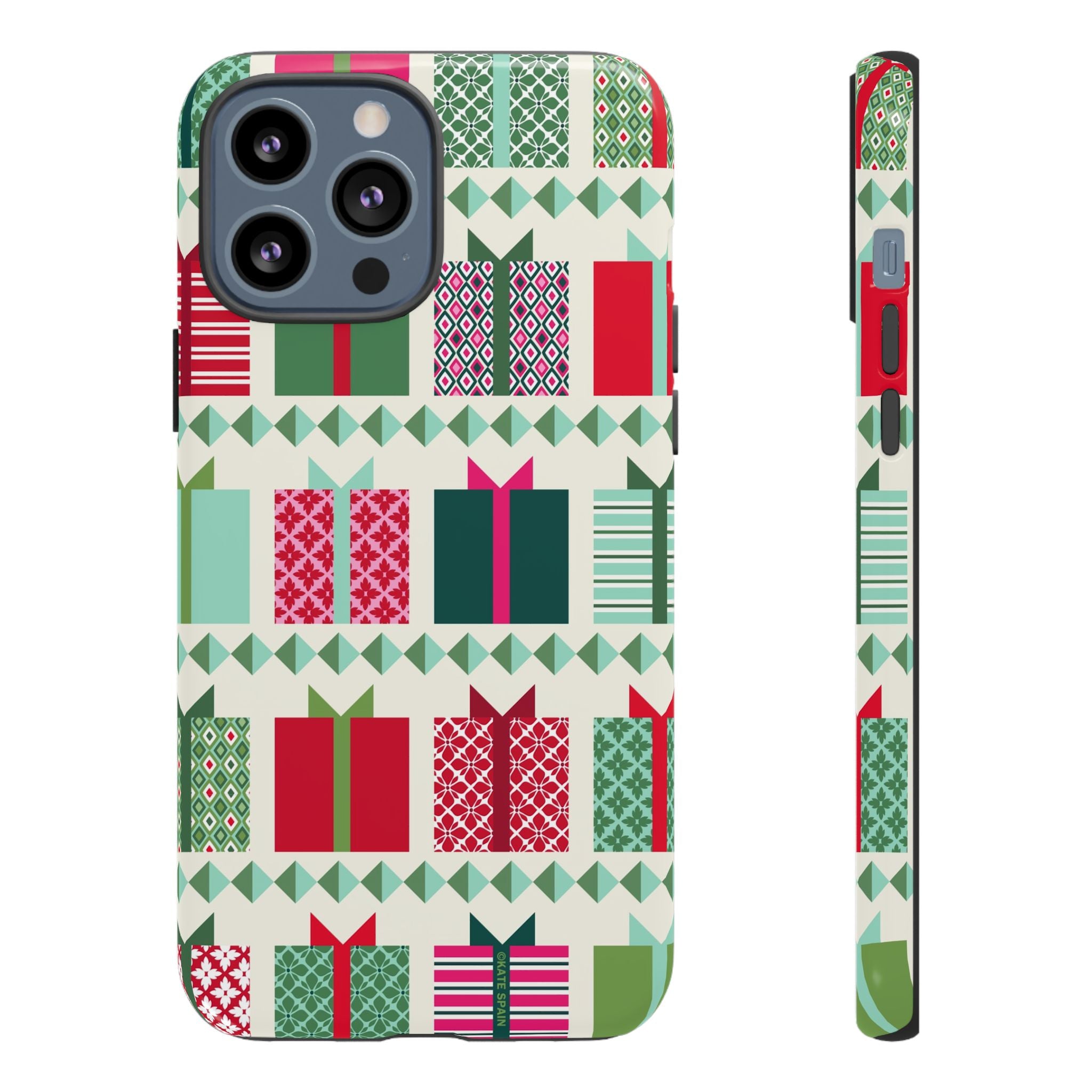 All Wrapped Up Tough iPhone 13 Pro Max Case – Glossy | cream, red, pink, green, mint geometric gift wrap holiday print