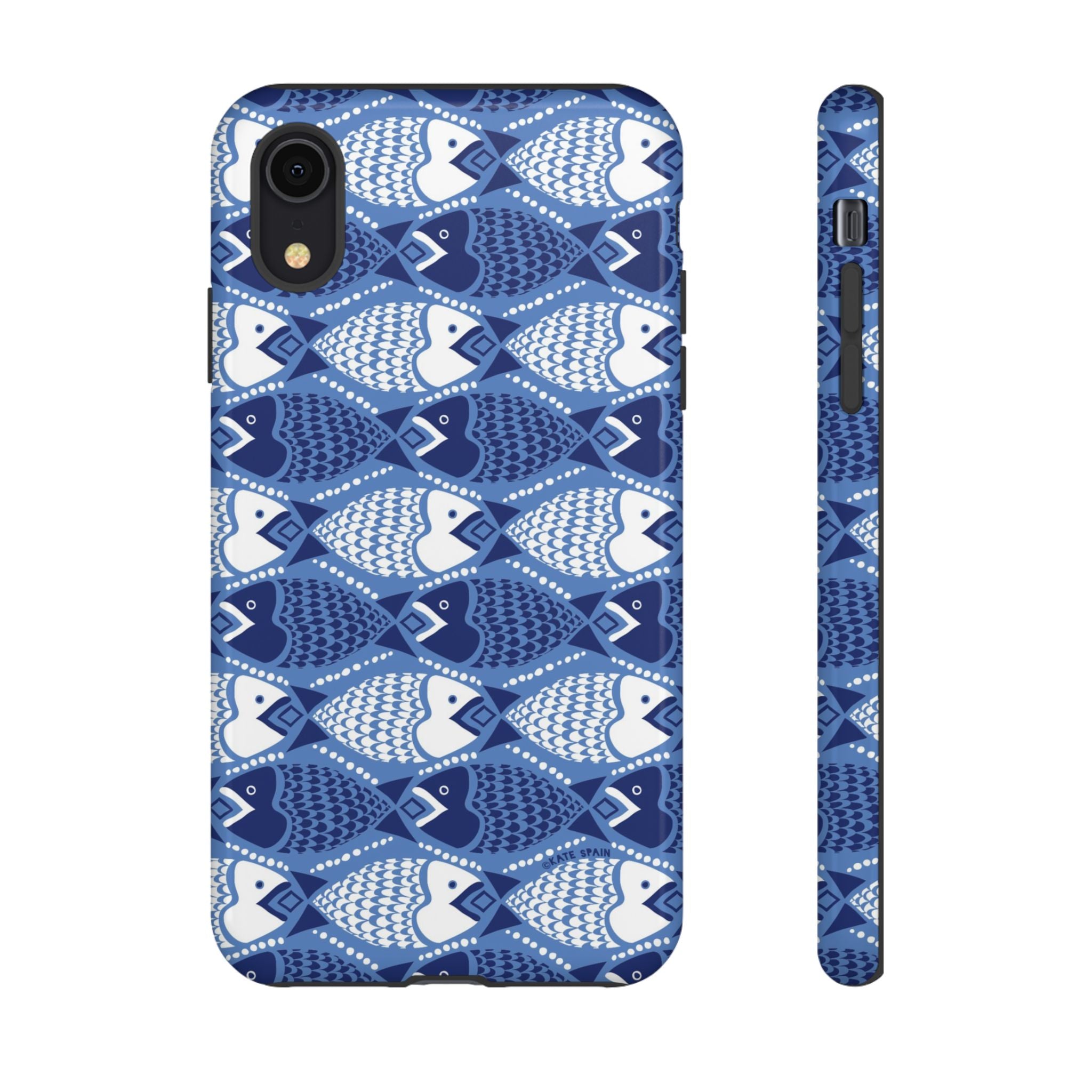 Catch of the Day Tough iPhone XR Case – Glossy | navy, blue, white geometric fish print