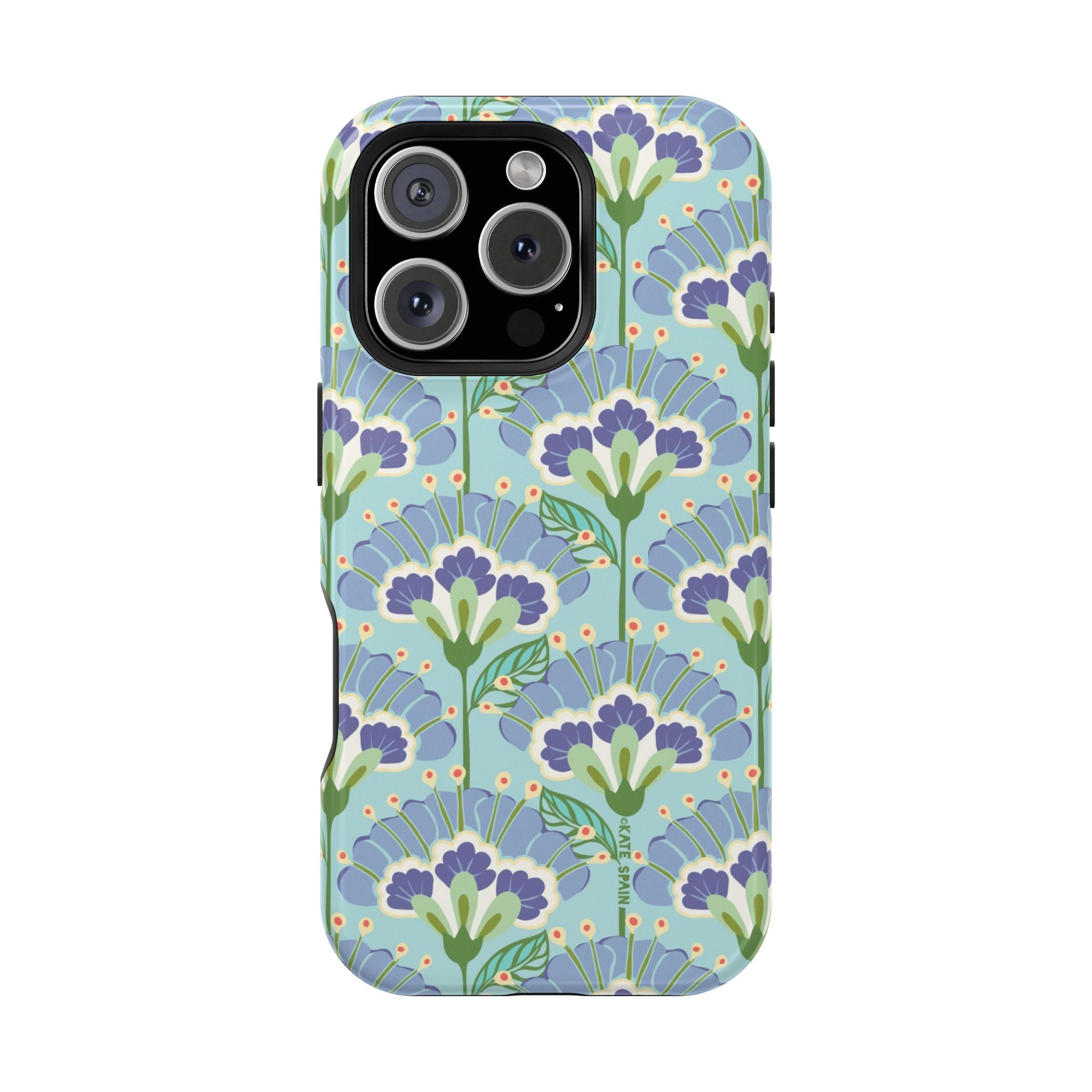 Lantern Flower MagSafe iPhone 15 Pro Max Case – Glossy | aqua, periwinkle, green botanical lantern floral print MagSafe compatible, dual-layer protection