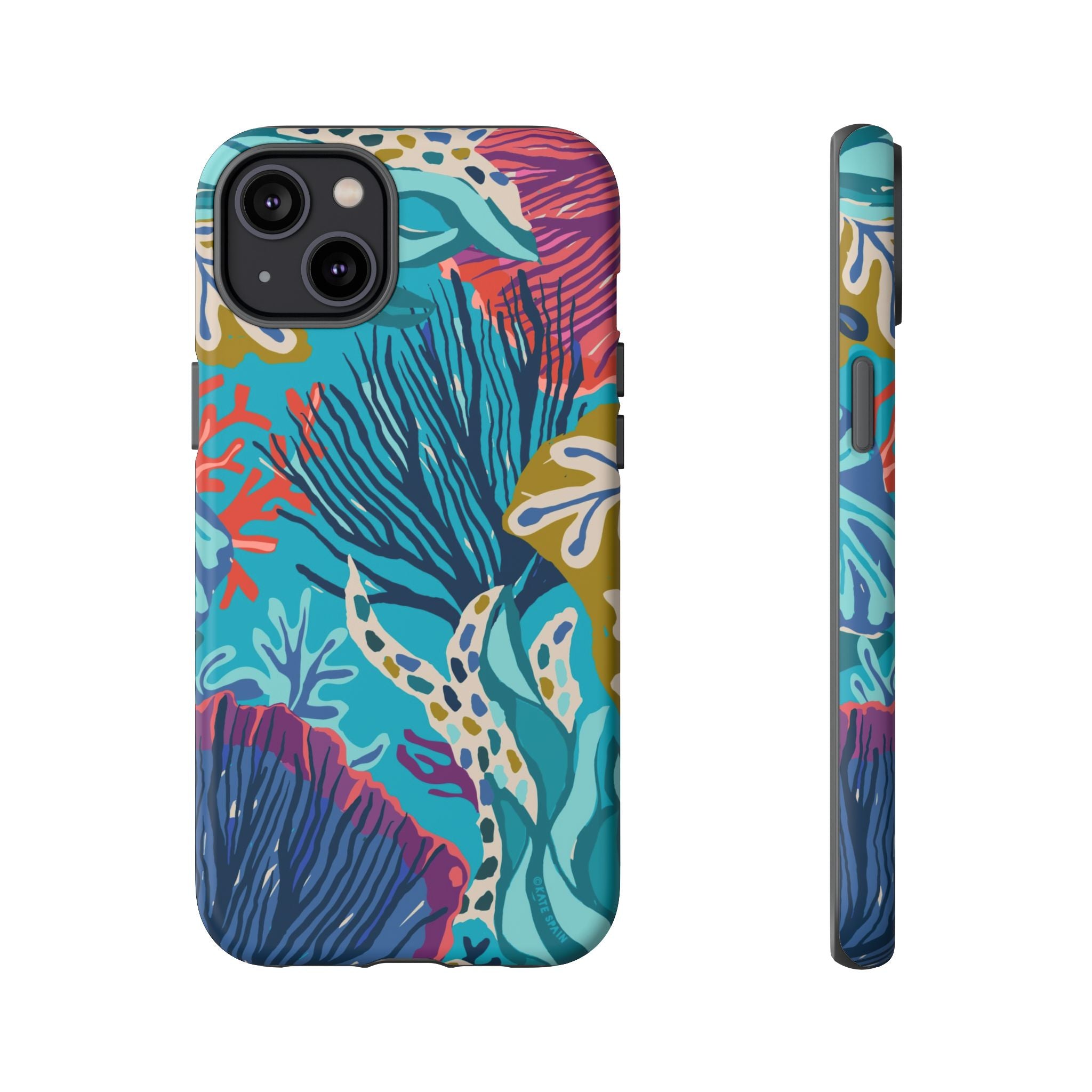 Reef Tough iPhone 14 Plus Case – Matte | teal, coral, navy, purple botanical coral reef print