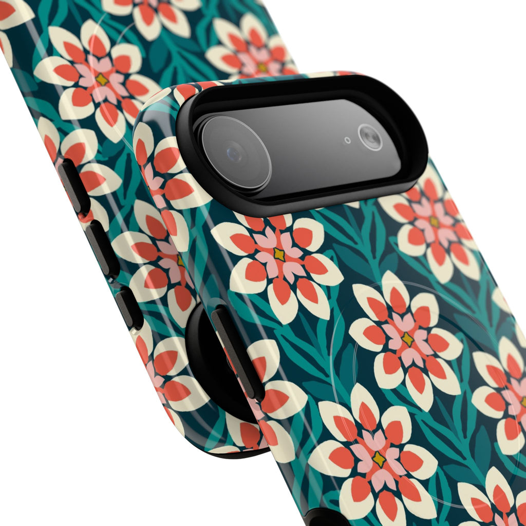 Modern Dahlia MagSafe iPhone 17 Air Case Glossy – side profile showing camera in slim fit | teal, coral, cream botanical dahlia floral print
