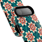 Modern Dahlia MagSafe iPhone 17 Air Case Glossy – side profile showing camera in slim fit | teal, coral, cream botanical dahlia floral print