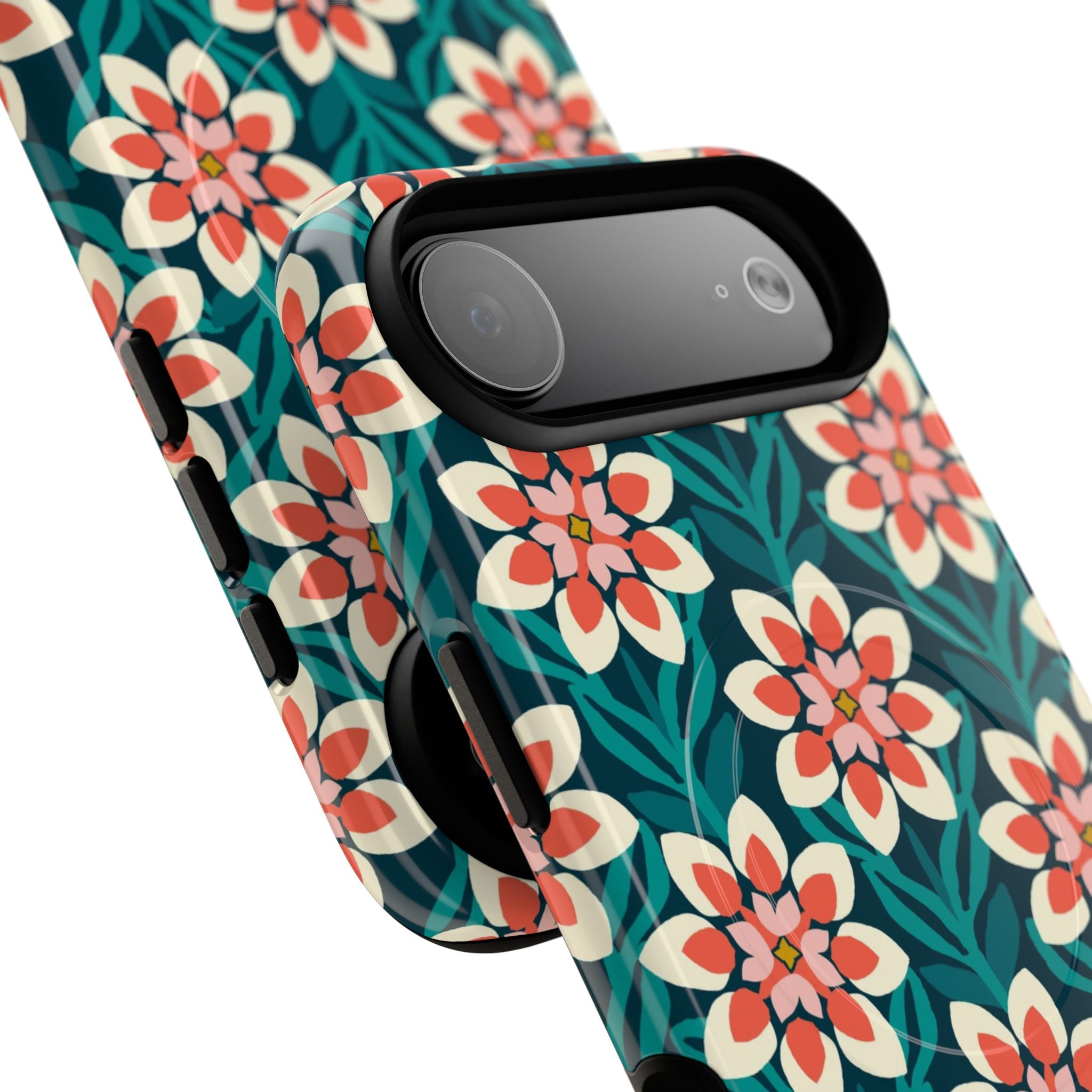 Modern Dahlia MagSafe iPhone 17 Air Case Glossy – side profile showing camera in slim fit | teal, coral, cream botanical dahlia floral print
