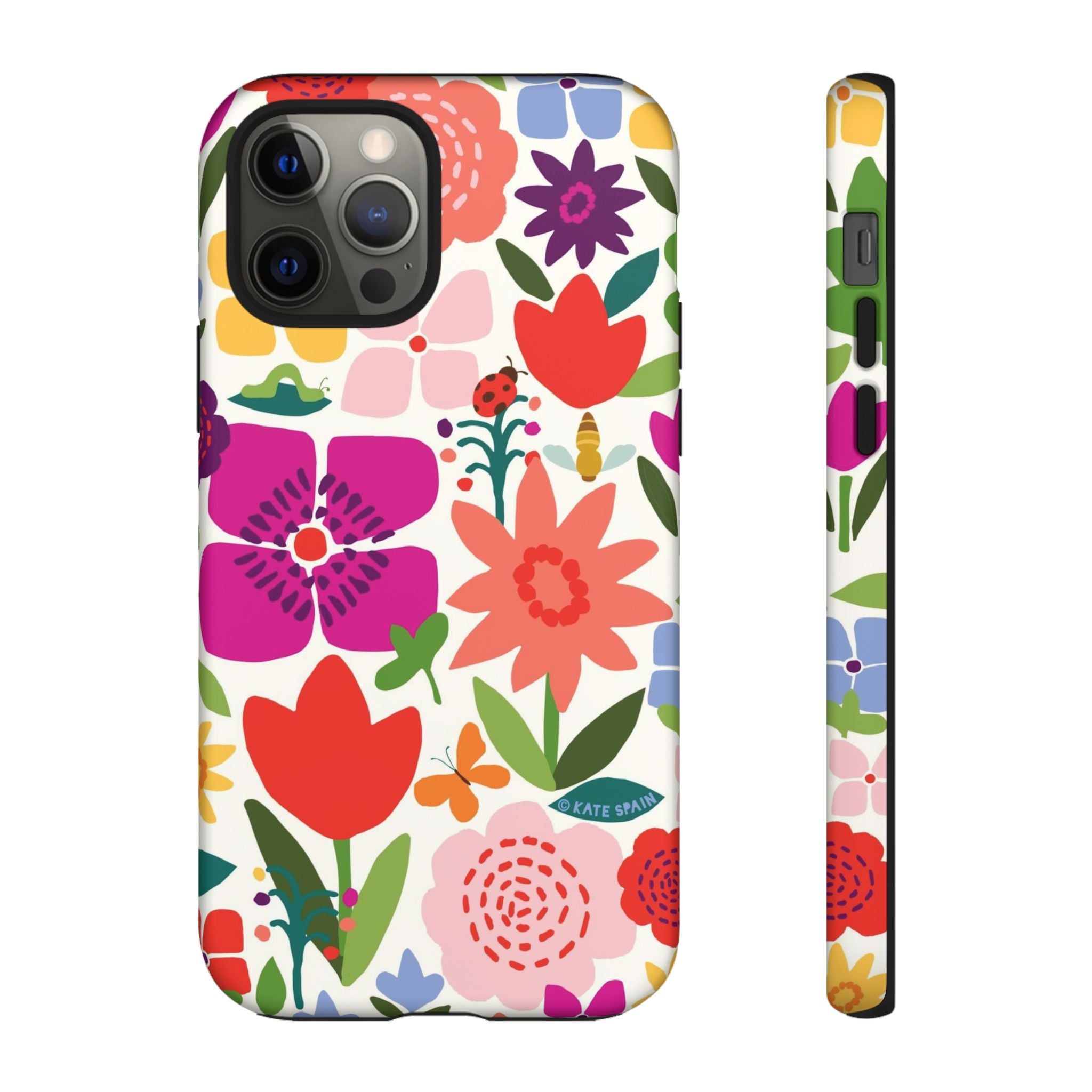 Happy Blooms Tough iPhone 12 Pro Case – Matte | cream, red, magenta, coral botanical floral print