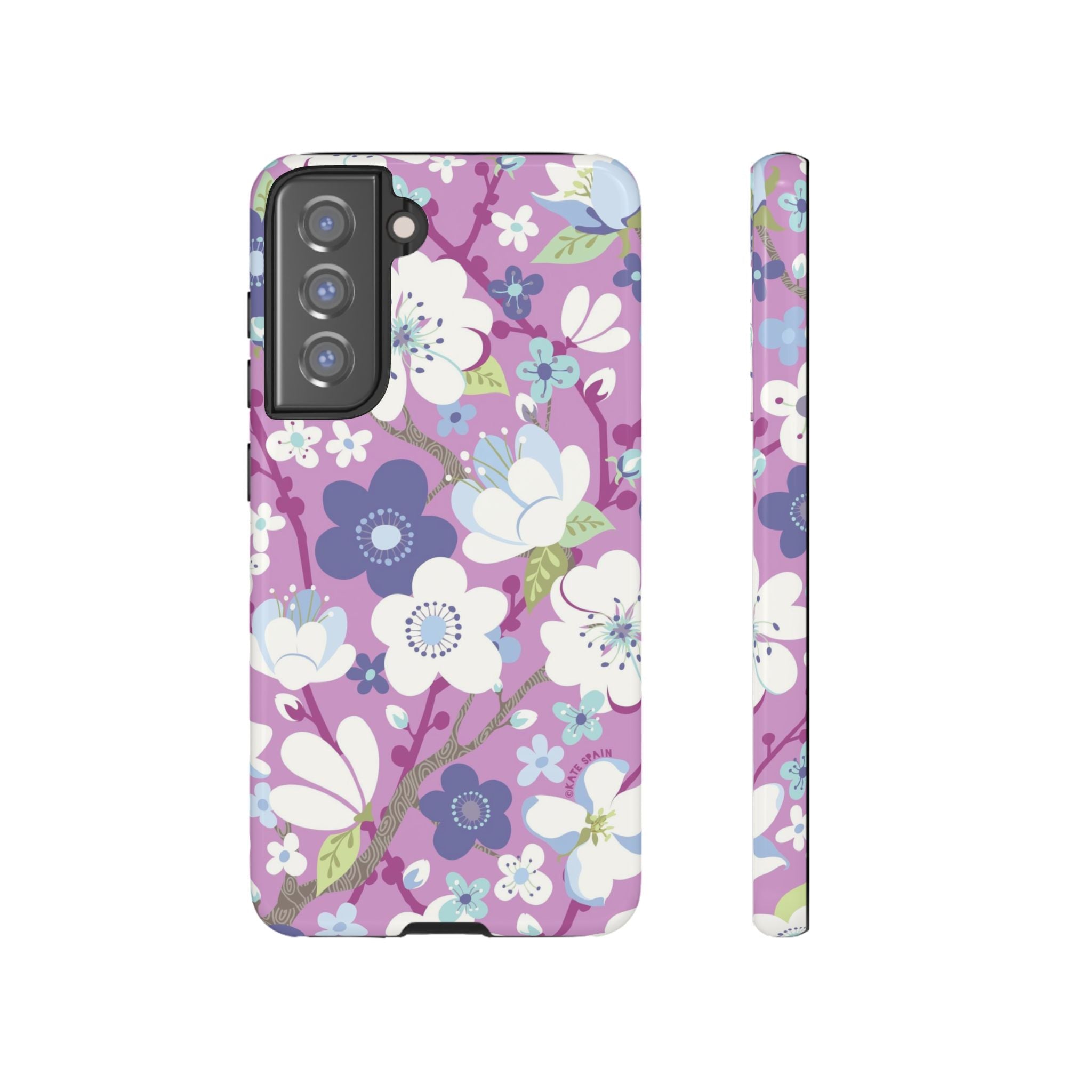 Cherry Blossom Samsung Galaxy S21 FE Case – Glossy | mauve, white, periwinkle cherry blossom floral print