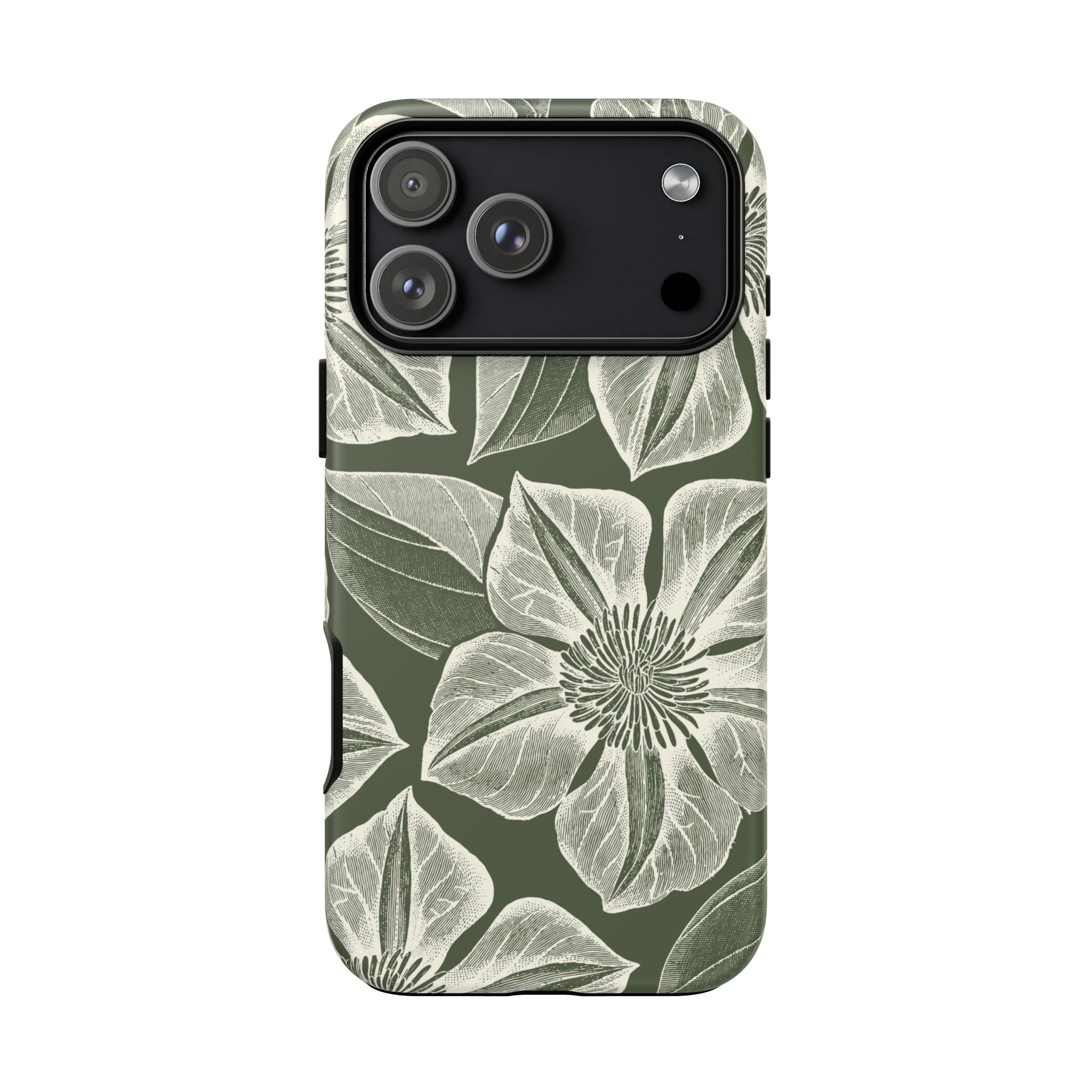 Vintage Bloom Cypress iPhone 17 Pro Max case – Matte | cypress green ground, large-scale white clematis print, engraved petal detail, dual-layer protection
