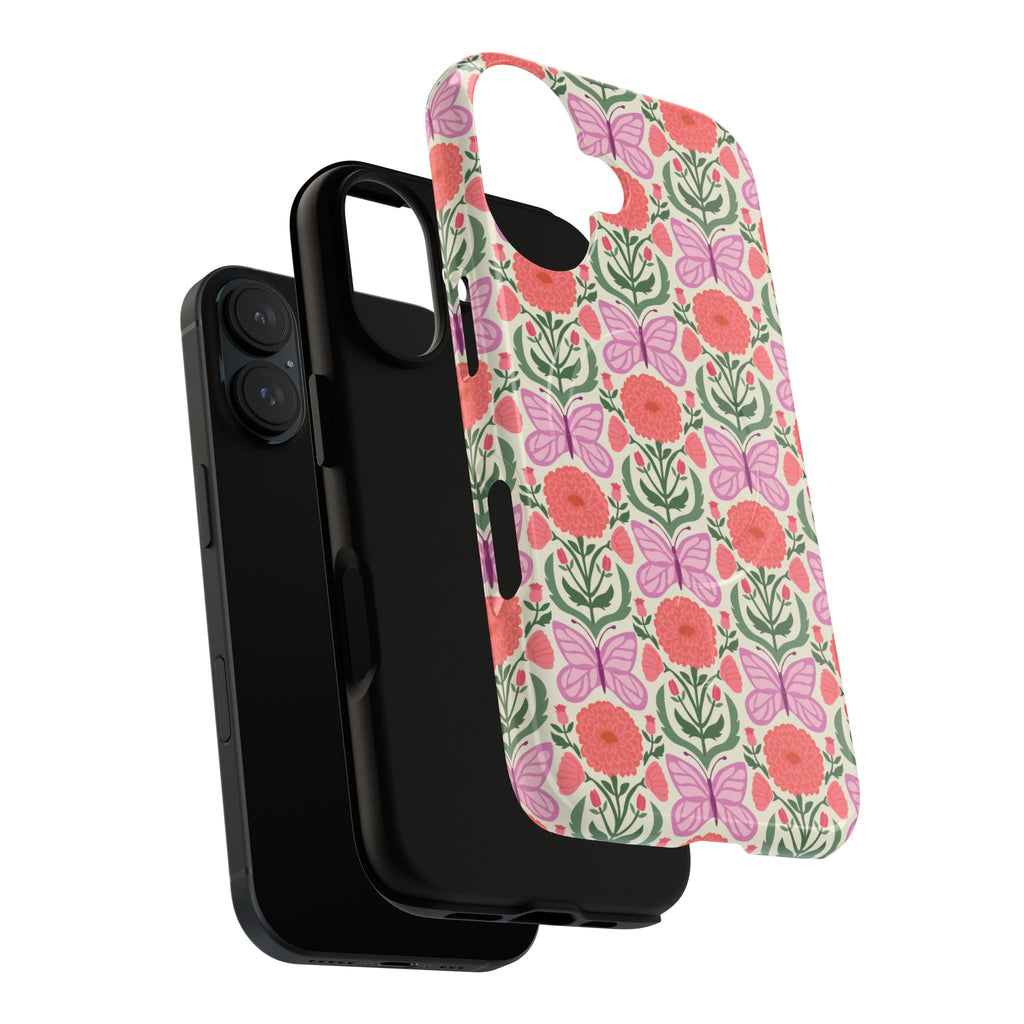 Pink Butterfly MagSafe iPhone 17 Case – Dual-layered view of case and inner lining in front of phone, with view of camera cutout and buttons | pink, coral, green, cream butterfly floral print