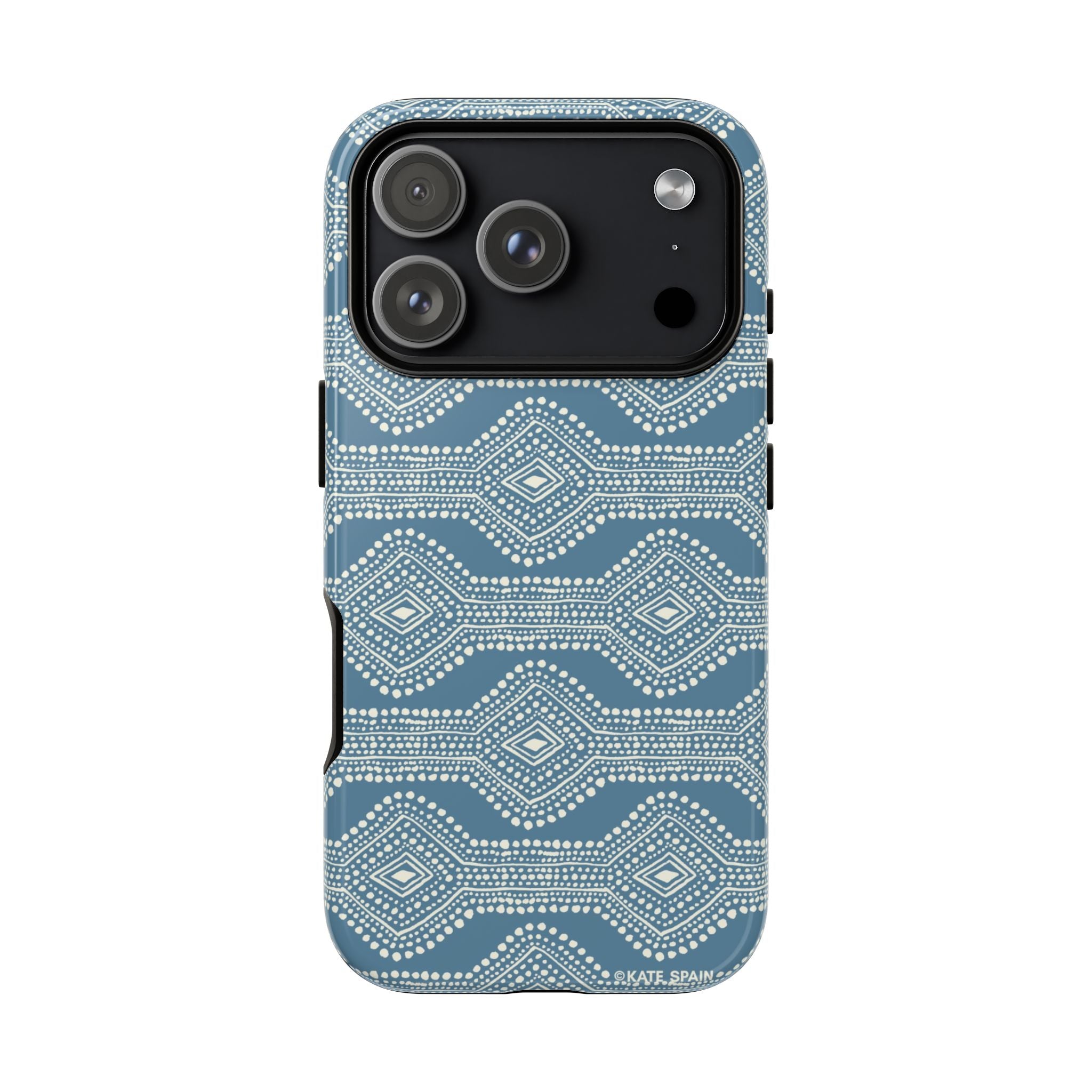 Diamond Dots Tough iPhone 17 Pro Case – Glossy | steel blue, white diamond dot geometric print