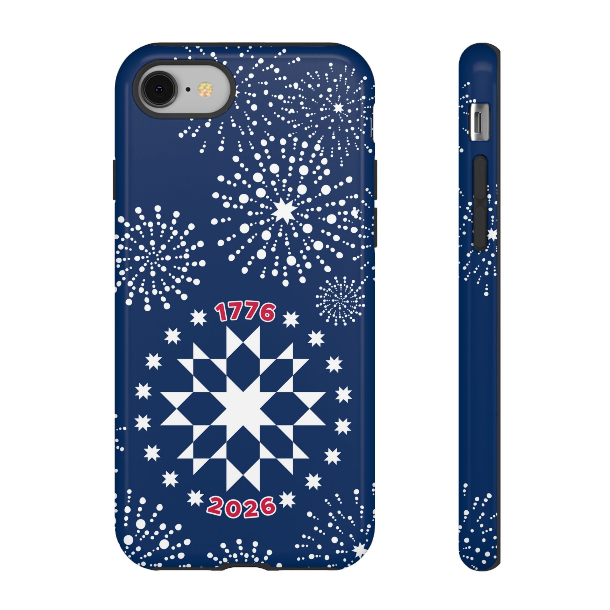 250th Fireworks Tough iPhone 8 Case – Glossy | navy, white patriotic star quilt fireworks print