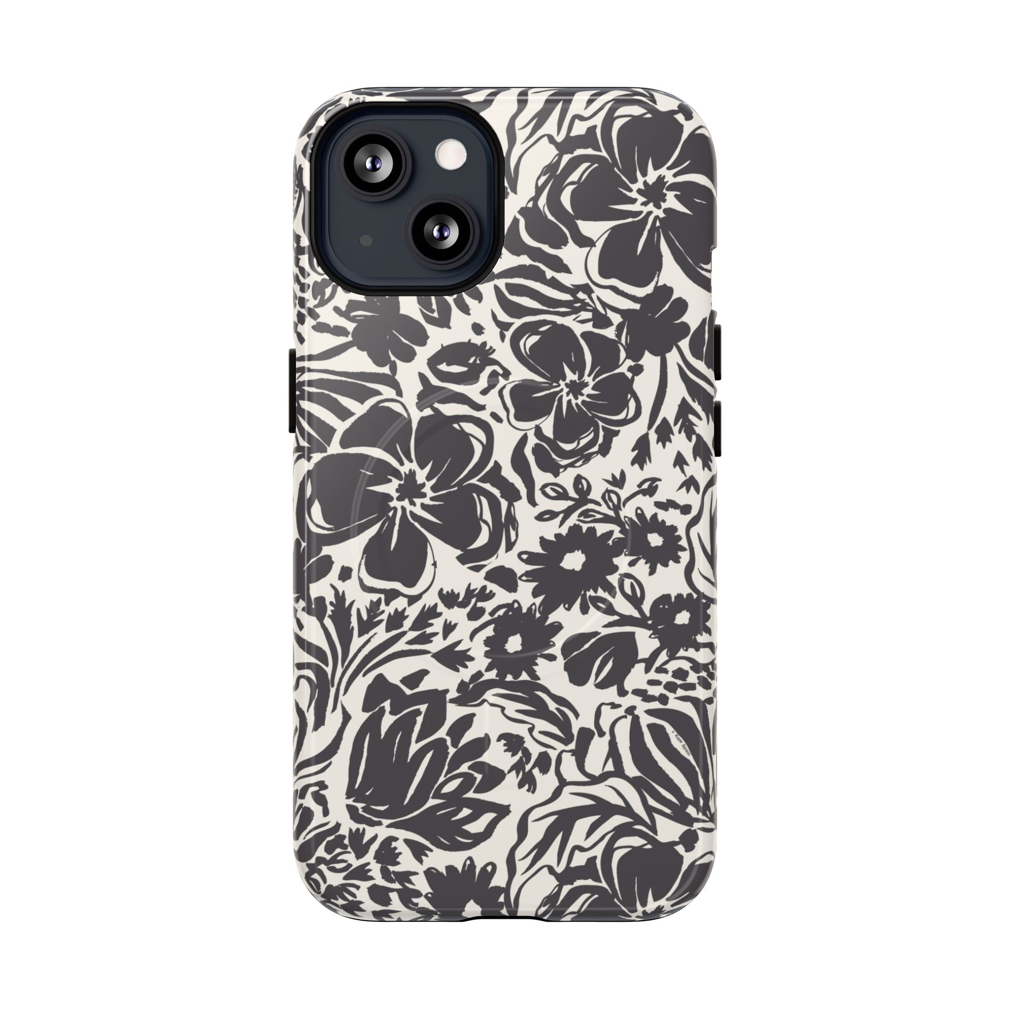 Rhapsody Black MagSafe iPhone 13 Glossy case — bold charcoal floral print on cream by Kate Spain