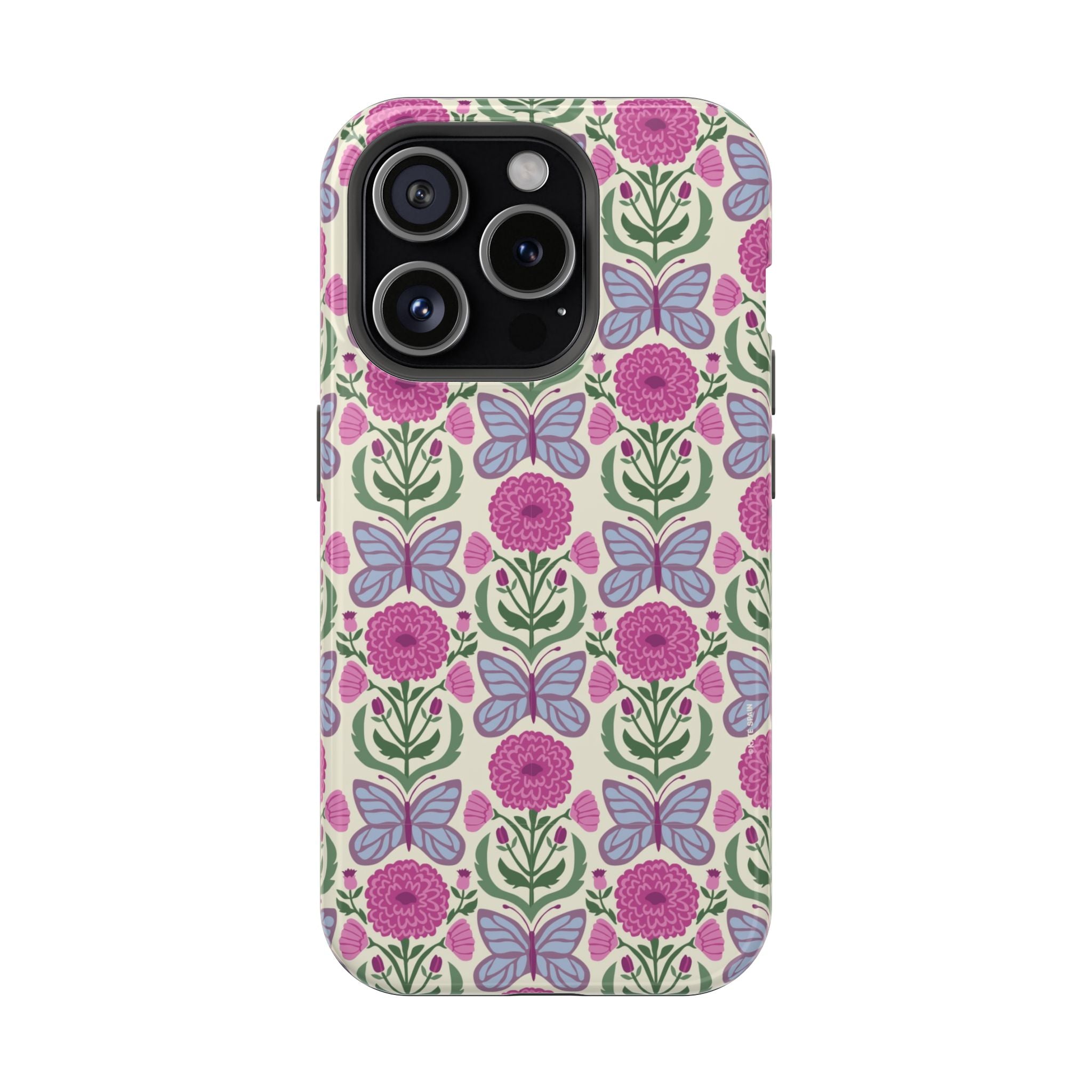 Butterfly MagSafe iPhone 15 Pro Case – Glossy | cream, magenta, periwinkle butterfly floral print