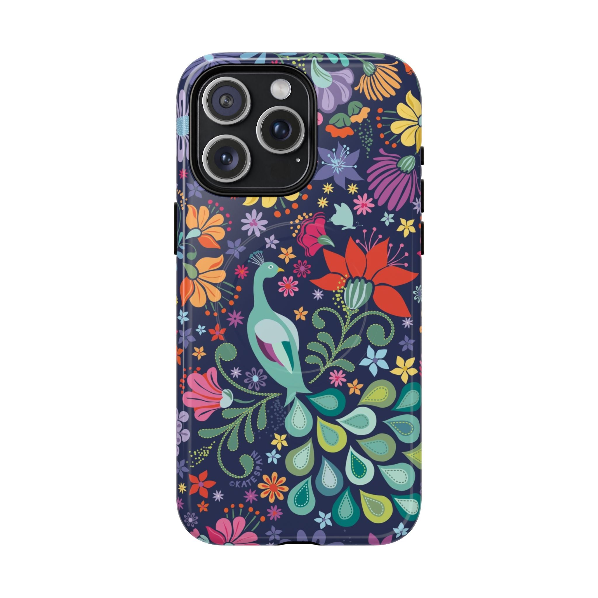 Peacock Sanctuary MagSafe iPhone 15 Pro Max Case – Glossy | navy, teal, coral multicolor vibrant peacock feather botanical print