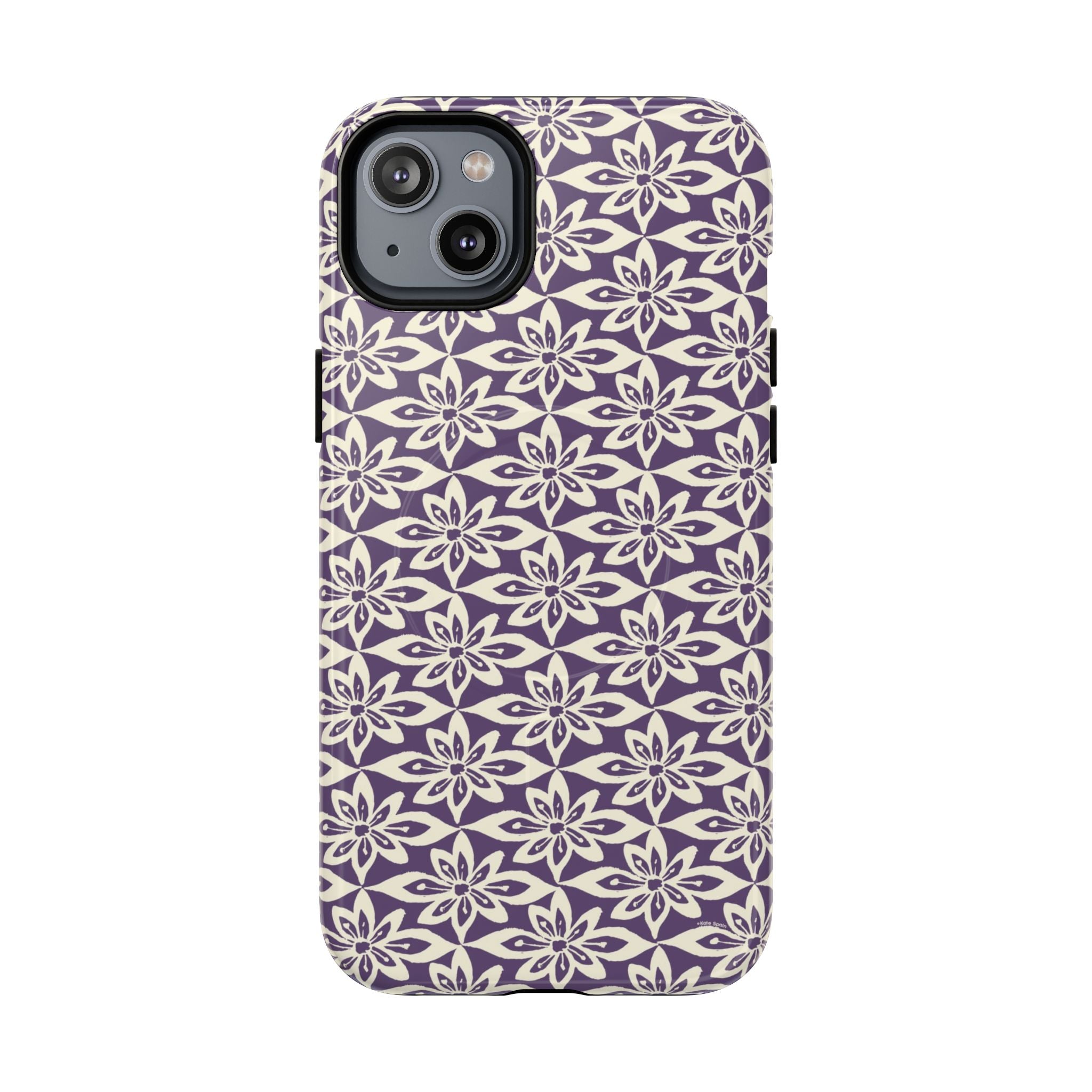 Lily Plum MagSafe iPhone 14 Plus Case – Glossy | graphic white lily print on rich violet — botanical MagSafe case by Kate Spain