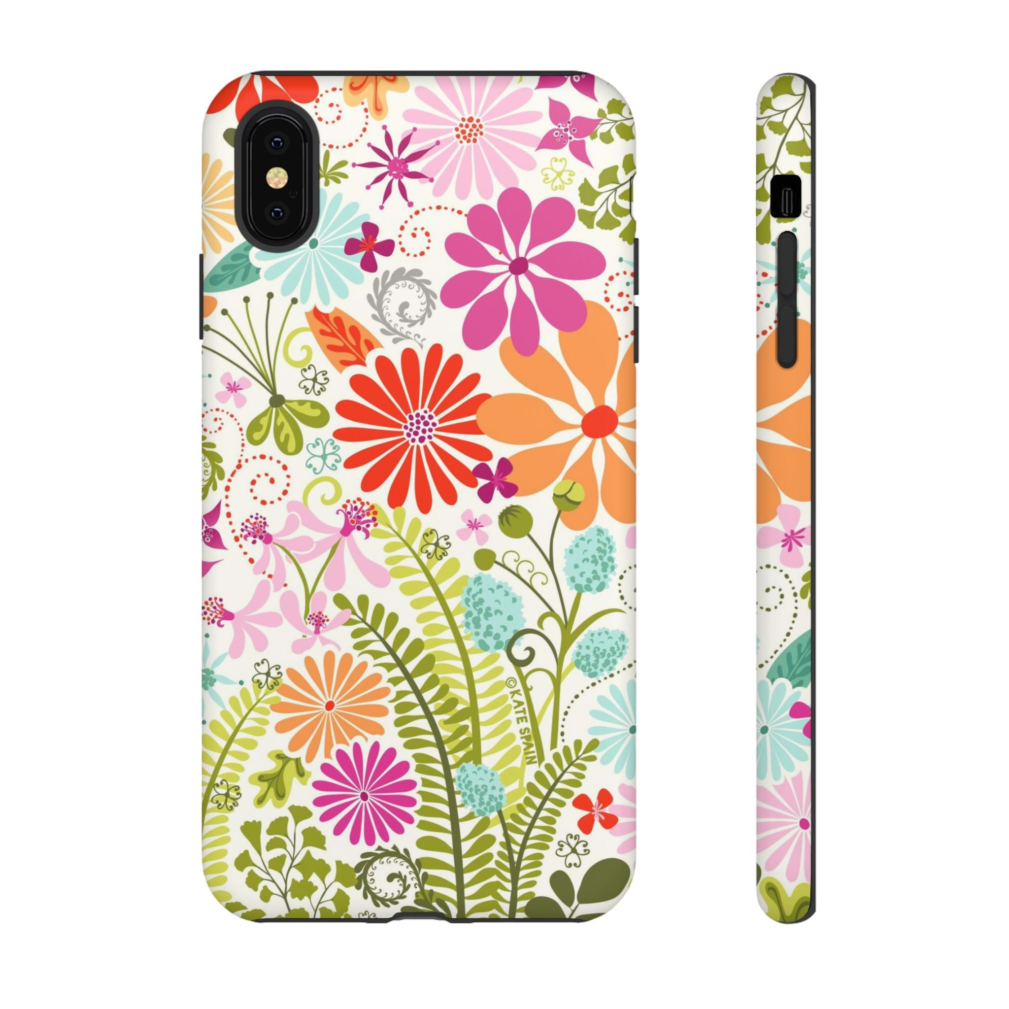 Luxury Terrain Tough iPhone Case – detail view | white, magenta, coral botanical woodland floral print