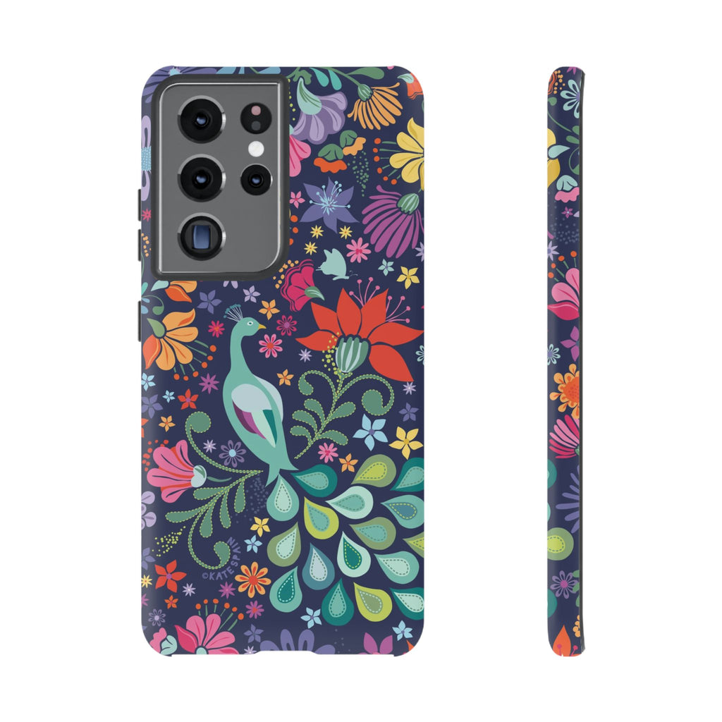 Luxury Peacock Sanctuary Samsung Galaxy S21 Ultra Case – Matte | navy, teal, coral multicolor vibrant peacock feather botanical print