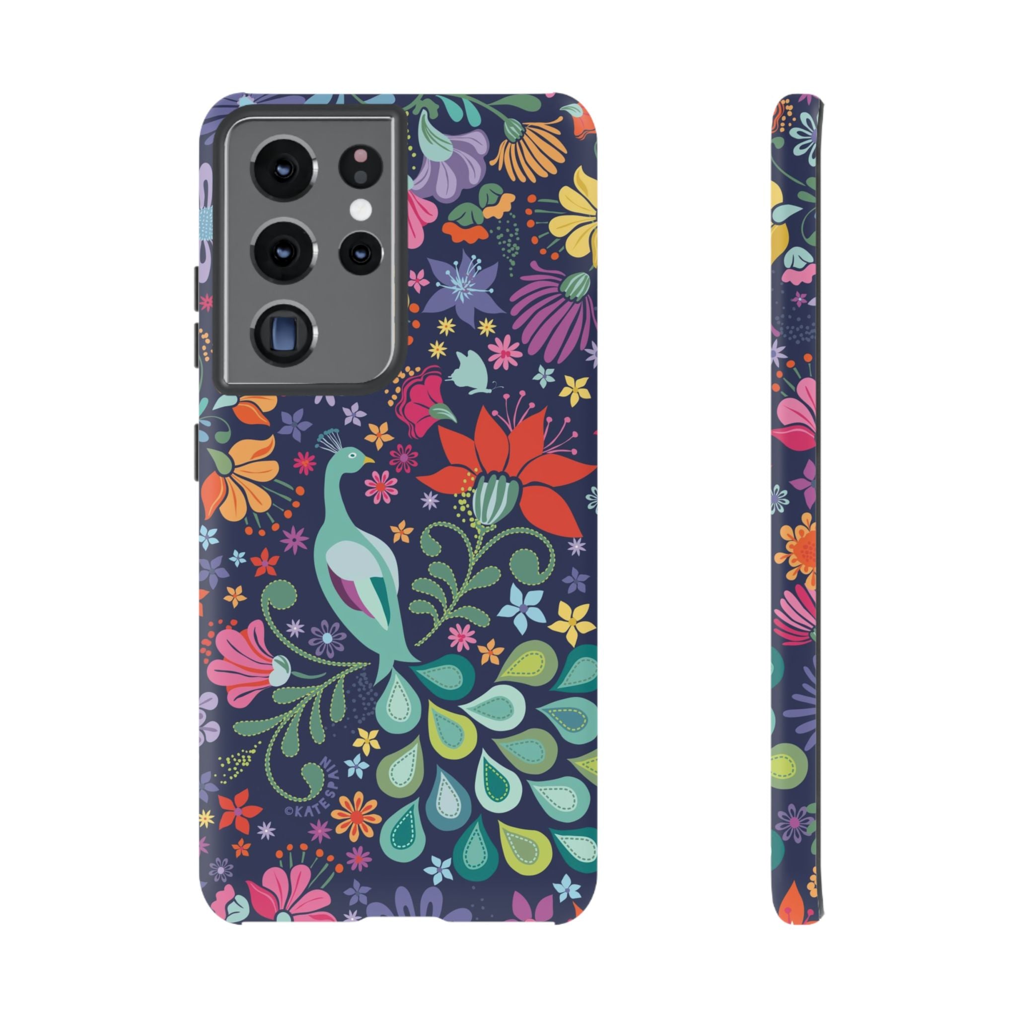Luxury Peacock Sanctuary Samsung Galaxy S21 Ultra Case – Matte | navy, teal, coral multicolor vibrant peacock feather botanical print