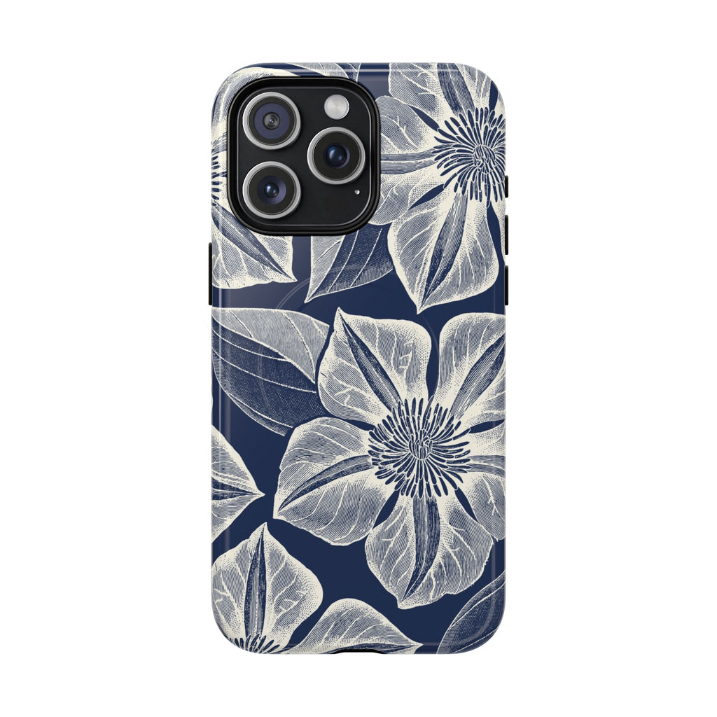 Vintage Bloom Navy MagSafe iPhone 15 Pro Max Case – Glossy | navy ground, large-scale white clematis print, engraved petal detail, dual-layer protection