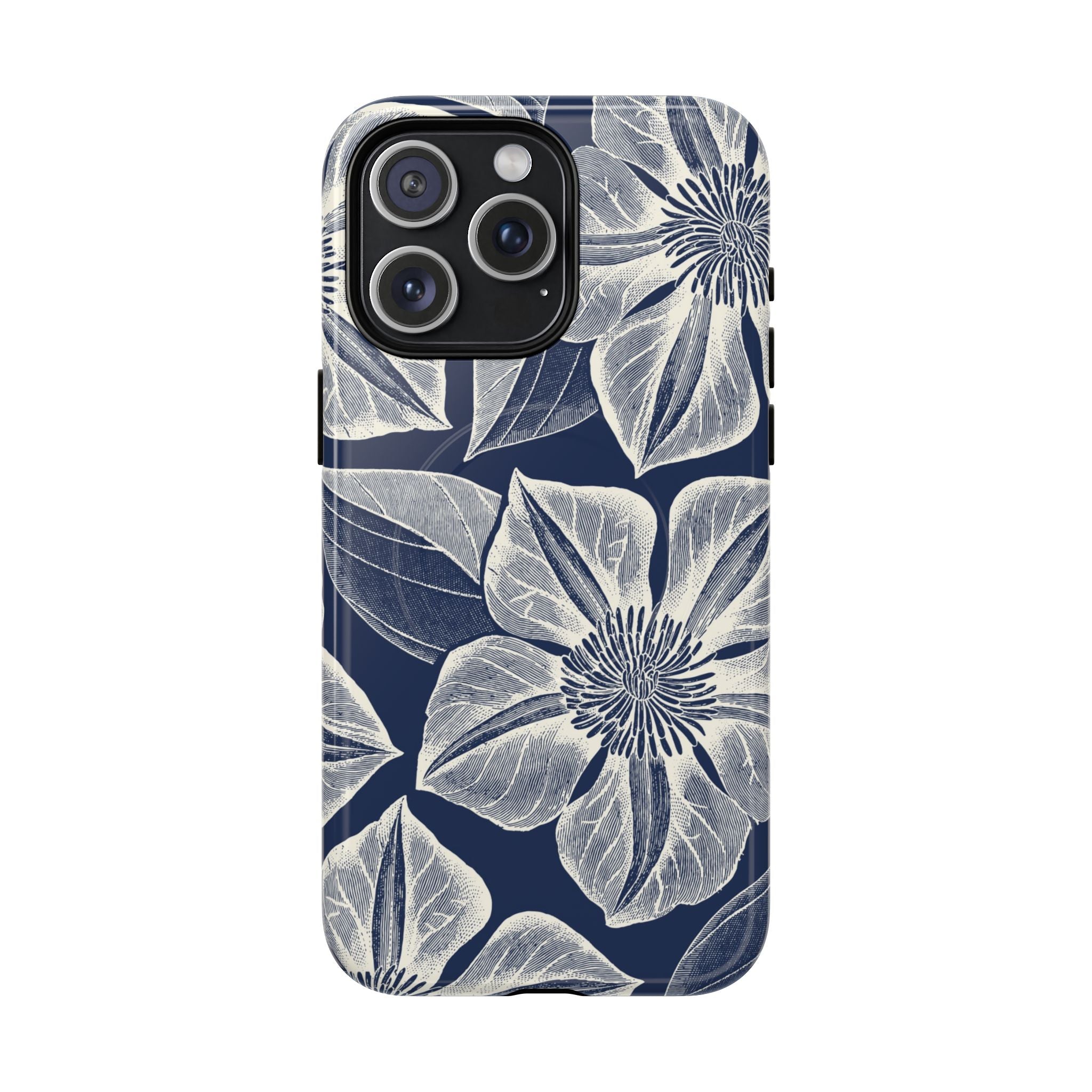 Vintage Bloom Navy MagSafe iPhone 15 Pro Max Case – Glossy | navy ground, large-scale white clematis print, engraved petal detail, dual-layer protection