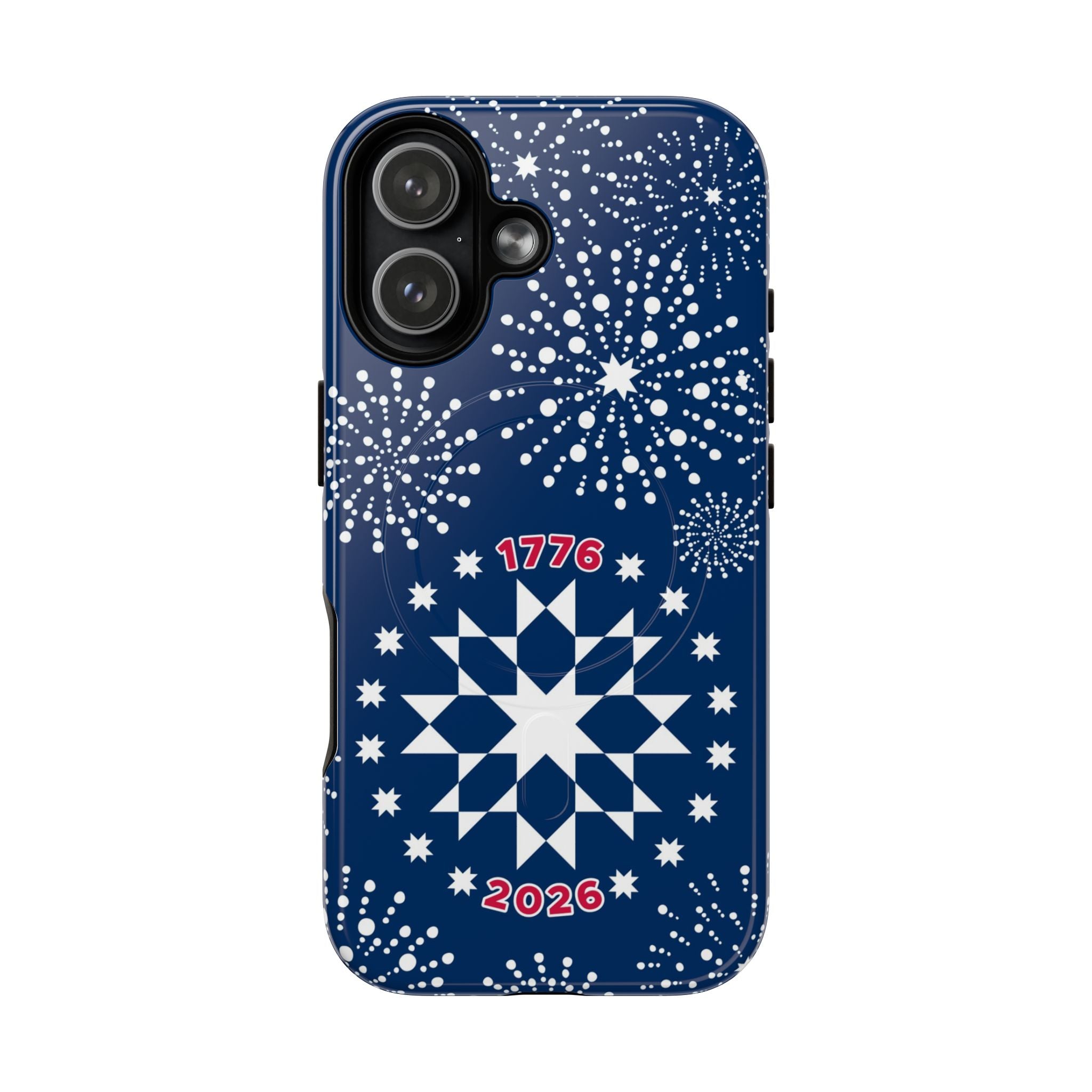 250th Fireworks MagSafe iPhone 17 Case – Glossy | navy, white patriotic star quilt fireworks print