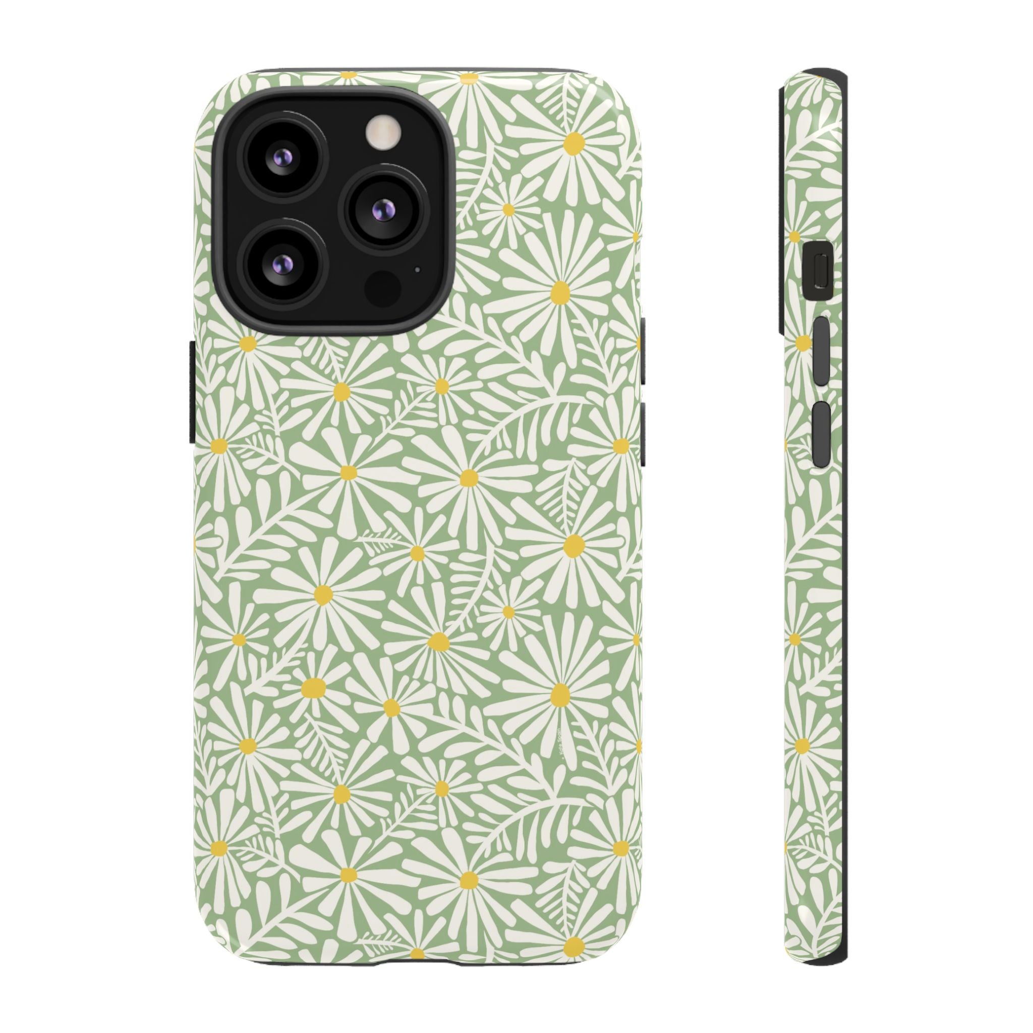 Montauk Daisy Meadow Green iPhone 13 Pro Case – Glossy | sage green, white graphic daisy and fern print, golden yellow centers | dual-layer protection