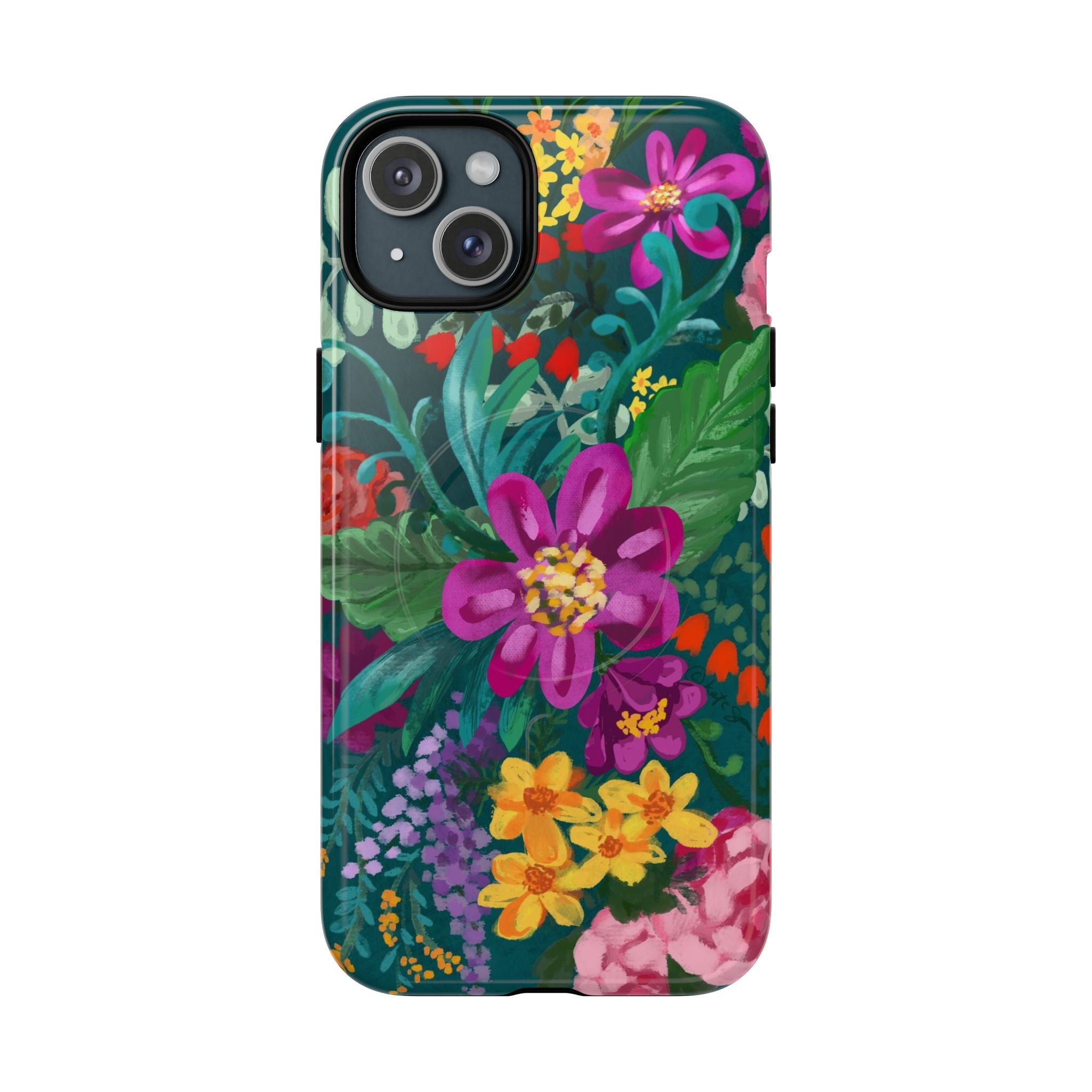 Posy MagSafe iPhone 15 Plus Case – Glossy | teal, purple, magenta, yellow botanical wildflower print