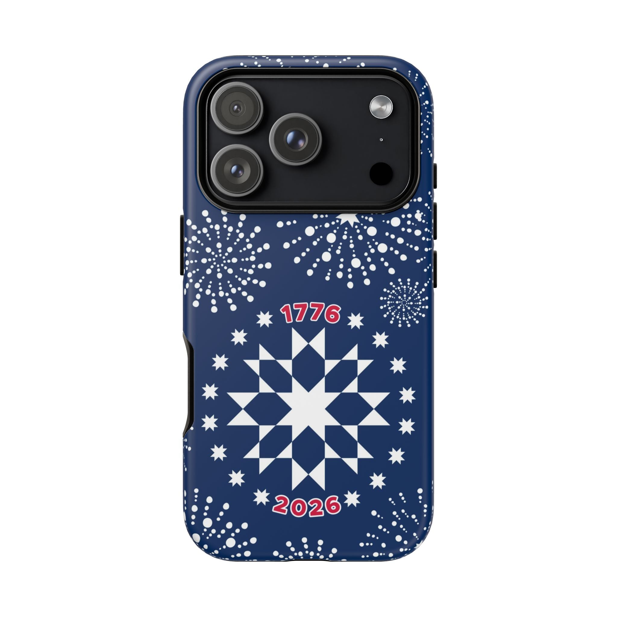 250th Fireworks Tough iPhone 17 Pro Case – Matte | navy, white patriotic star quilt fireworks print