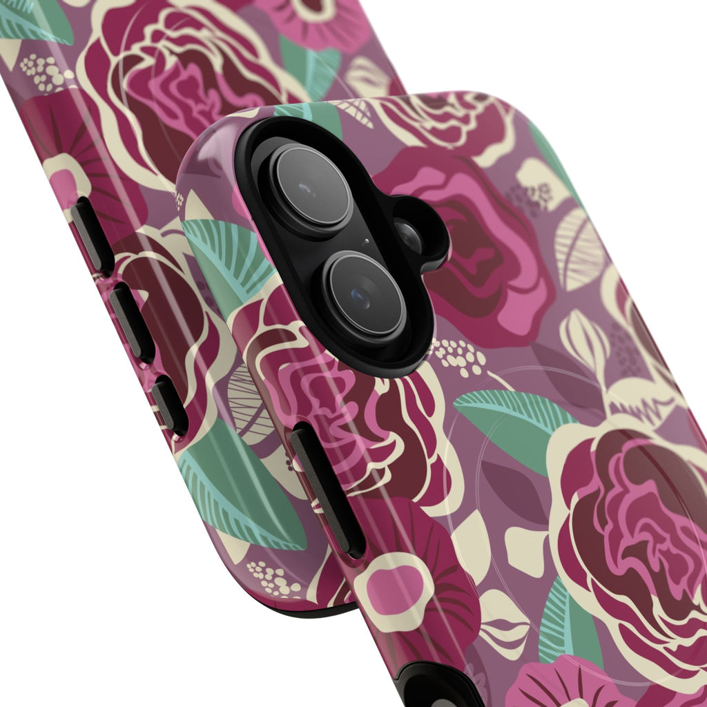 Luxury Tea Rose Burgundy MagSafe iPhone 17 Case – Glossy | two camera lenses in close-up in protective case in burgundy, magenta, plum botanical rose floral print