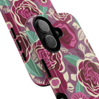 Luxury Tea Rose Burgundy MagSafe iPhone 17 Case – Glossy | two camera lenses in close-up in protective case in burgundy, magenta, plum botanical rose floral print