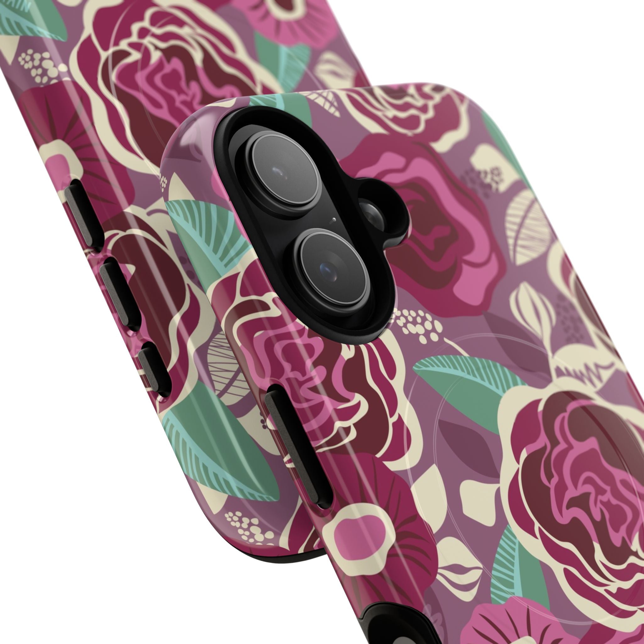Luxury Tea Rose Burgundy MagSafe iPhone 17 Case – Glossy | two camera lenses in close-up in protective case in burgundy, magenta, plum botanical rose floral print