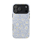 Montauk Daisy Cottage Blue MagSafe iPhone 17 Pro Max Case – Glossy | periwinkle blue, white graphic daisy and fern print, golden yellow centers MagSafe compatible, dual-layer protection