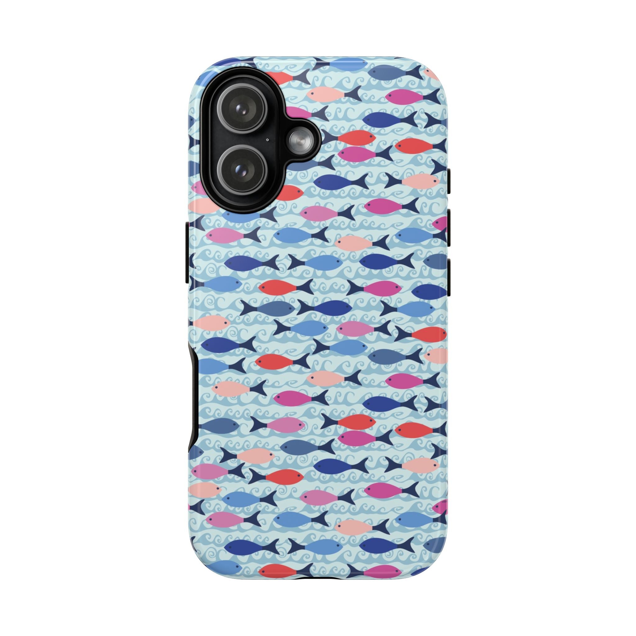 Summer Minnows Tough iPhone 16 Pro Max Case – Matte | navy, coral, pink, and periwinkle fish on a pale aqua ground
